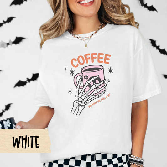 Coffee Halloween Shirt, Skeleton Hand Graphic Tee, Spooky Season Fall Shirt for Women, Funny Coffee Lover Gift, Cute Goth Aesthetic Tee