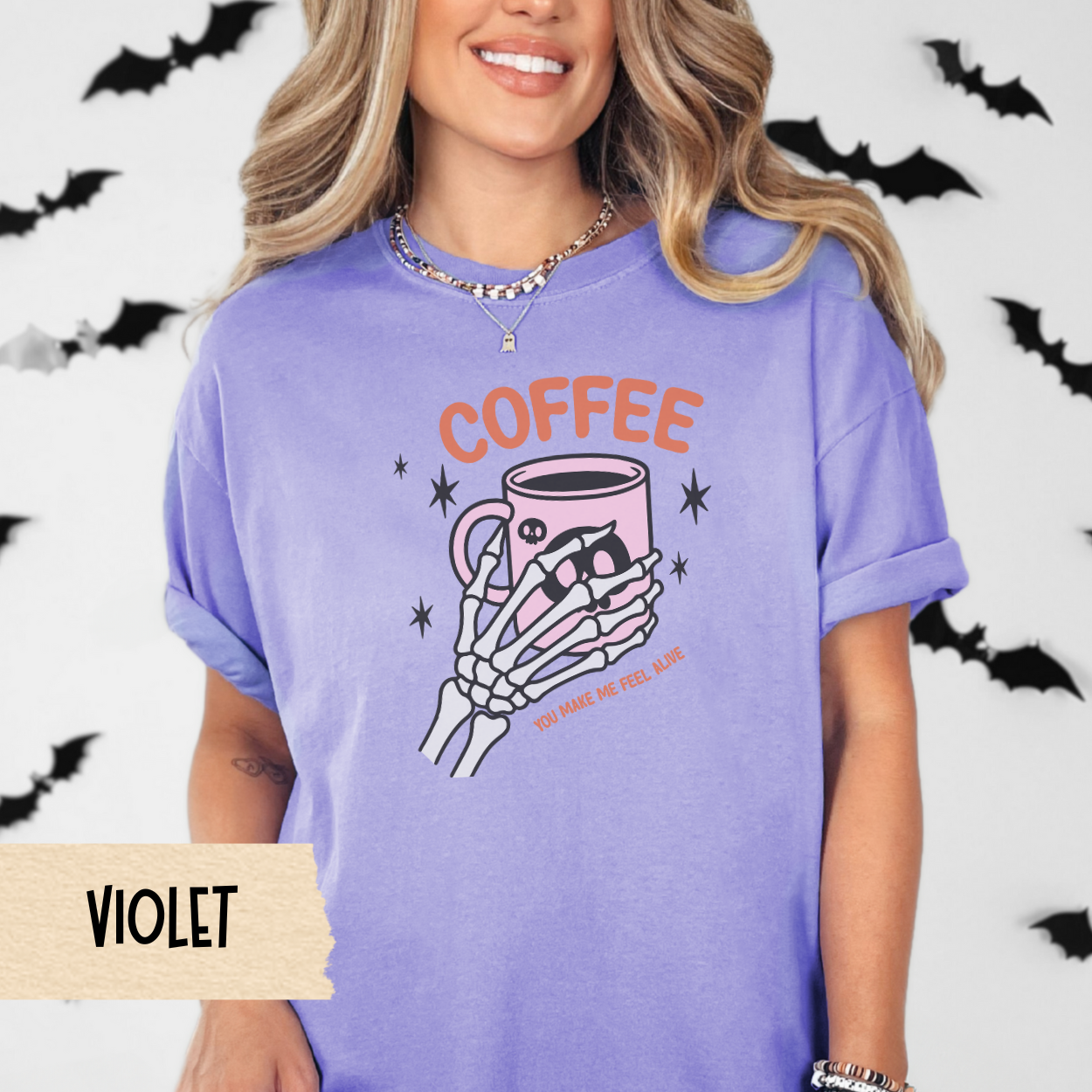 Coffee Halloween Shirt, Skeleton Hand Graphic Tee, Spooky Season Fall Shirt for Women, Funny Coffee Lover Gift, Cute Goth Aesthetic Tee