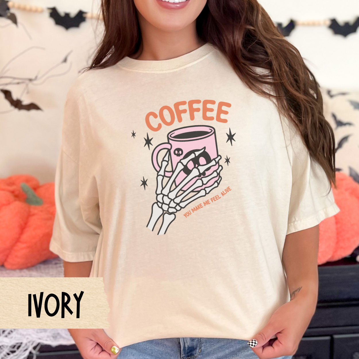 Coffee Halloween Shirt, Skeleton Hand Graphic Tee, Spooky Season Fall Shirt for Women, Funny Coffee Lover Gift, Cute Goth Aesthetic Tee