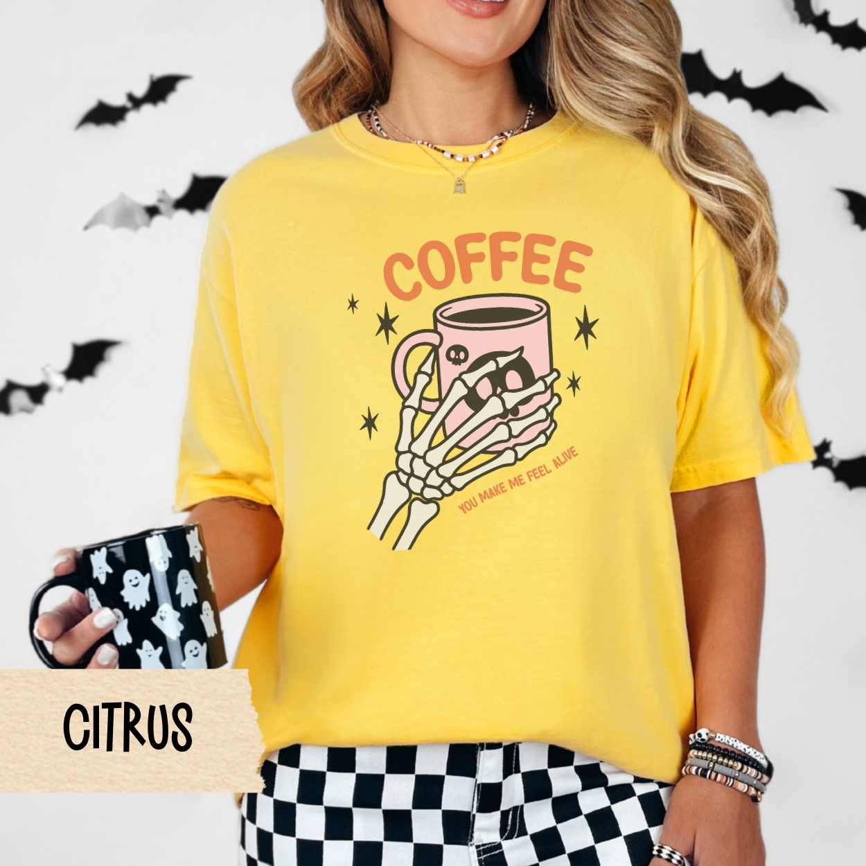 Coffee Halloween Shirt, Skeleton Hand Graphic Tee, Spooky Season Fall Shirt for Women, Funny Coffee Lover Gift, Cute Goth Aesthetic Tee