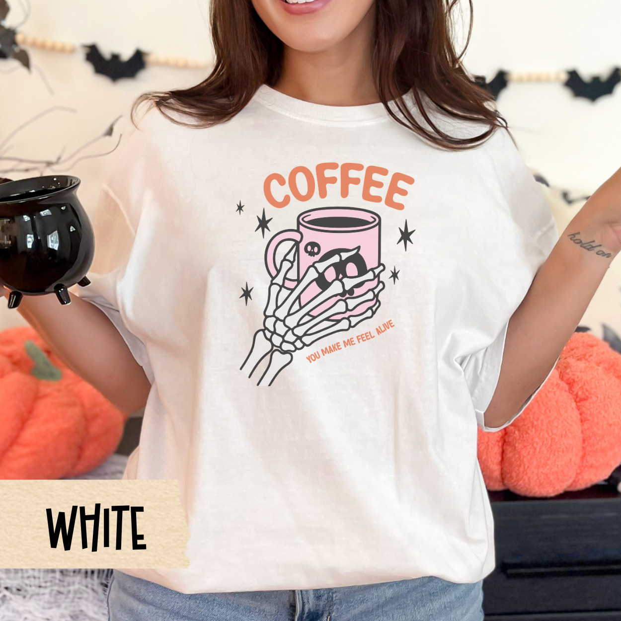 Coffee Halloween Shirt, Skeleton Hand Graphic Tee, Spooky Season Fall Shirt for Women, Funny Coffee Lover Gift, Cute Goth Aesthetic Tee