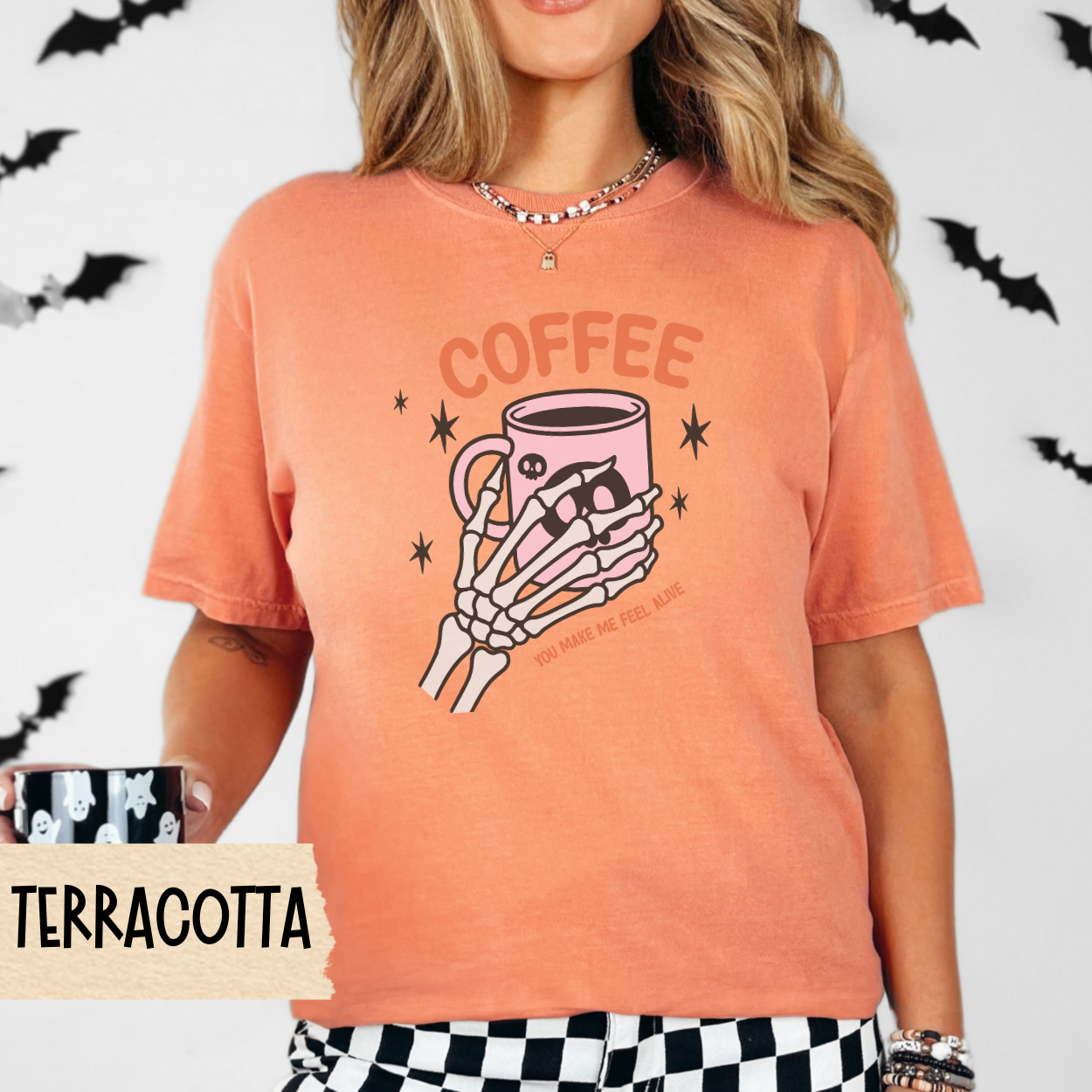 Coffee Halloween Shirt, Skeleton Hand Graphic Tee, Spooky Season Fall Shirt for Women, Funny Coffee Lover Gift, Cute Goth Aesthetic Tee