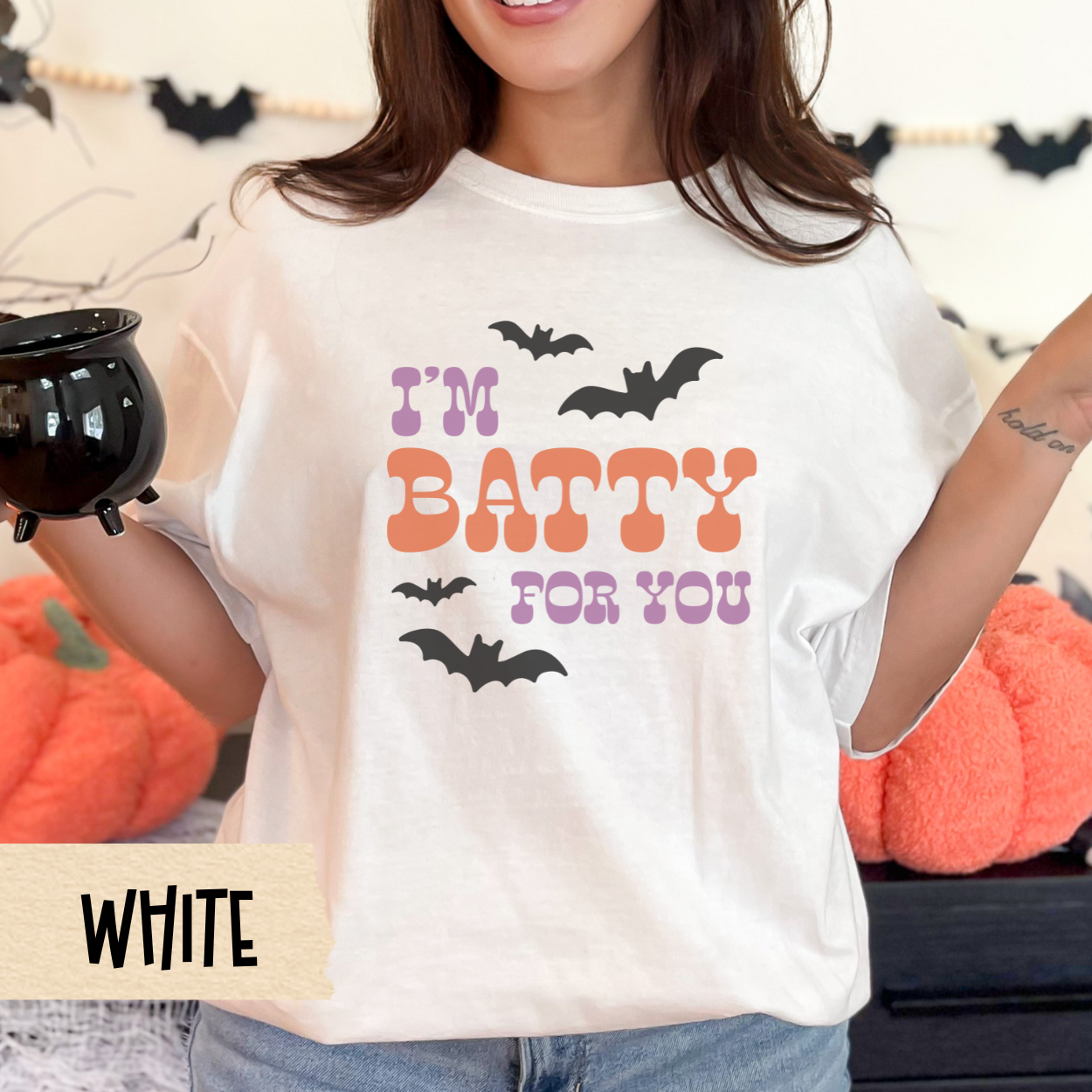 I'm Batty For You Halloween Shirt, Cute Spooky Season Tee, Retro Bat Graphic Shirt for Women, Fall Aesthetic T-Shirt, Funny Halloween Gift