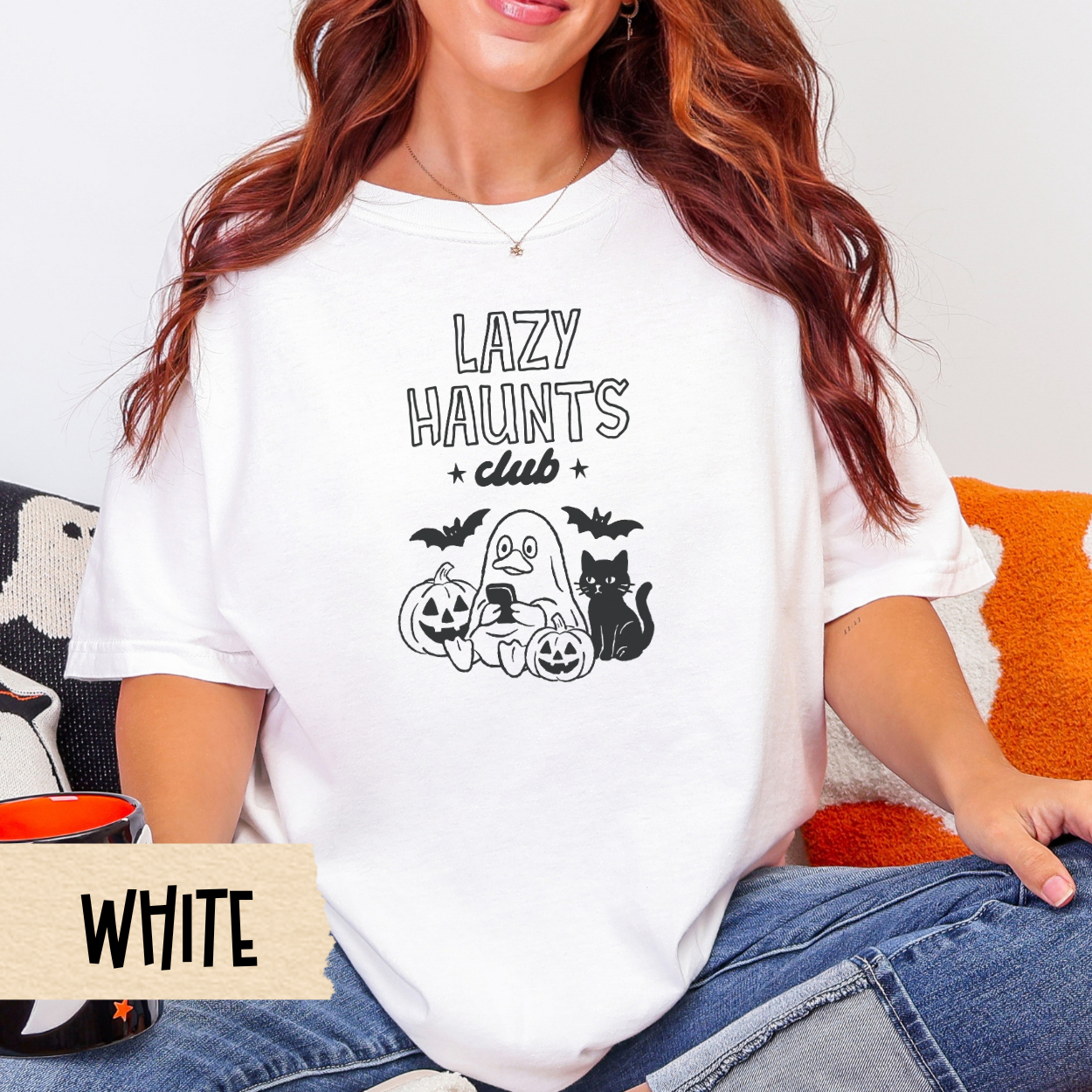Halloween Tee, Lazy Haunts Club, Funny Duck Fall Tee, Comfort Colors 1717, Cute Ghost Duck and Cat Shirt, Cozy Spooky Season Top
