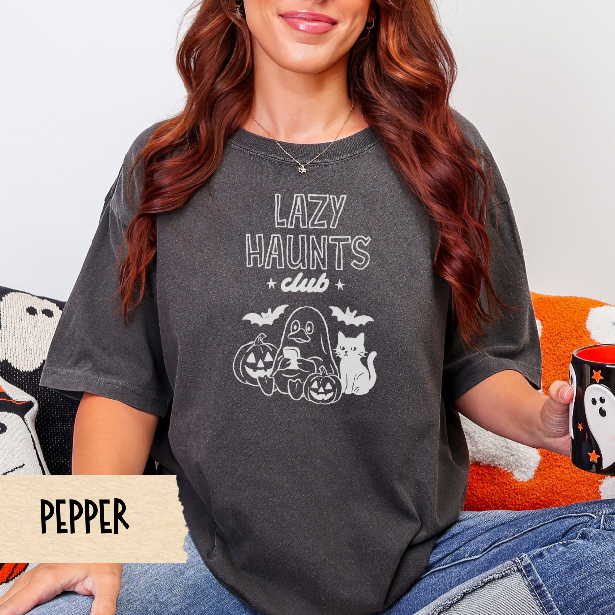 Halloween Tee, Lazy Haunts Club, Funny Duck Fall Tee, Comfort Colors 1717, Cute Ghost Duck and Cat Shirt, Cozy Spooky Season Top