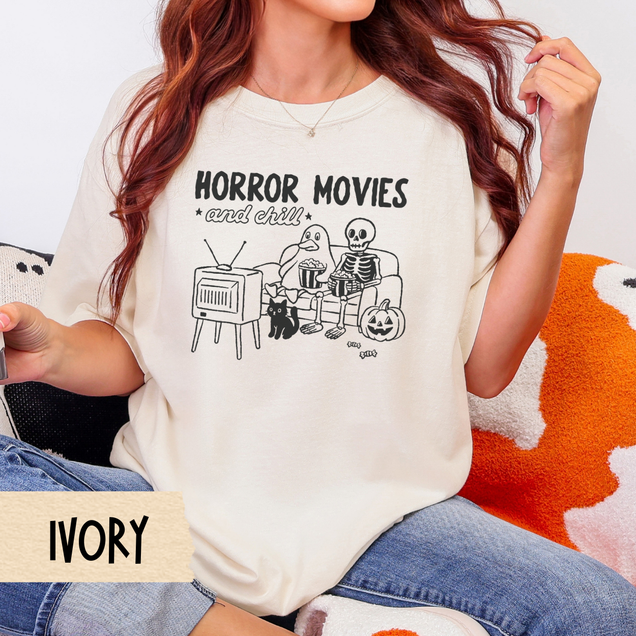 Halloween Shirt, Horror Movies and Chill, Funny Duck Skeleton Tee, Comfort Colors 1717, Cozy Spooky Season Fall Graphic Shirt