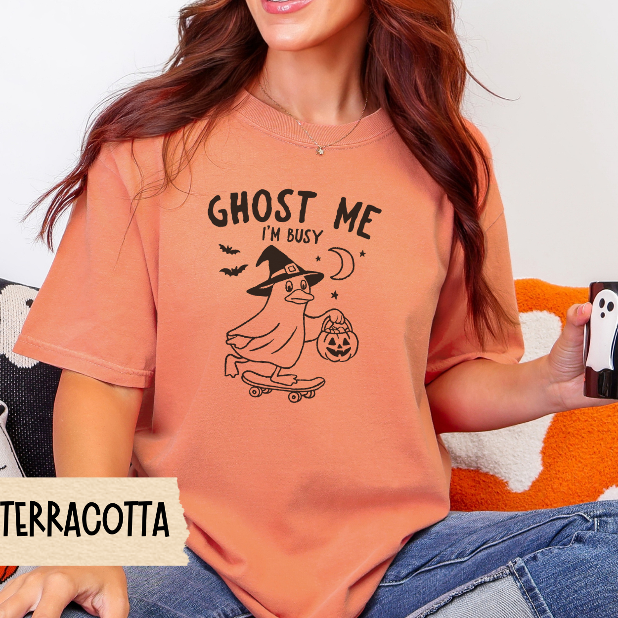 Funny Halloween Shirt, Ghost Me I'm Busy, Funny Duck Witch Skateboard Tee, Comfort Colors 1717, Cute Spooky Fall Graphic Shirt