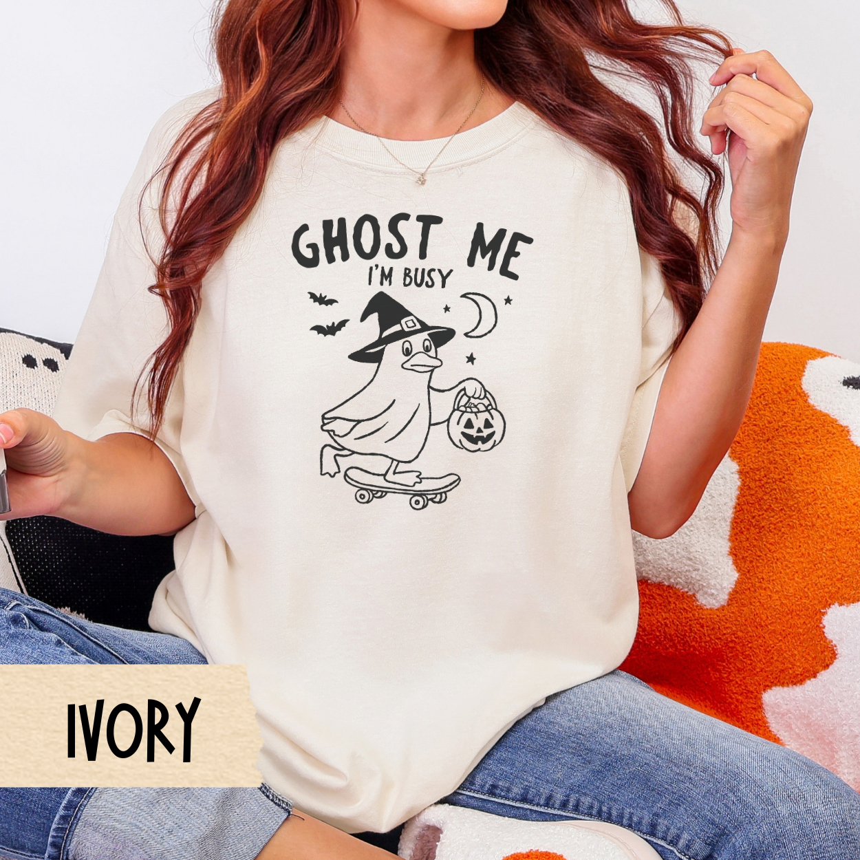 Funny Halloween Shirt, Ghost Me I'm Busy, Funny Duck Witch Skateboard Tee, Comfort Colors 1717, Cute Spooky Fall Graphic Shirt