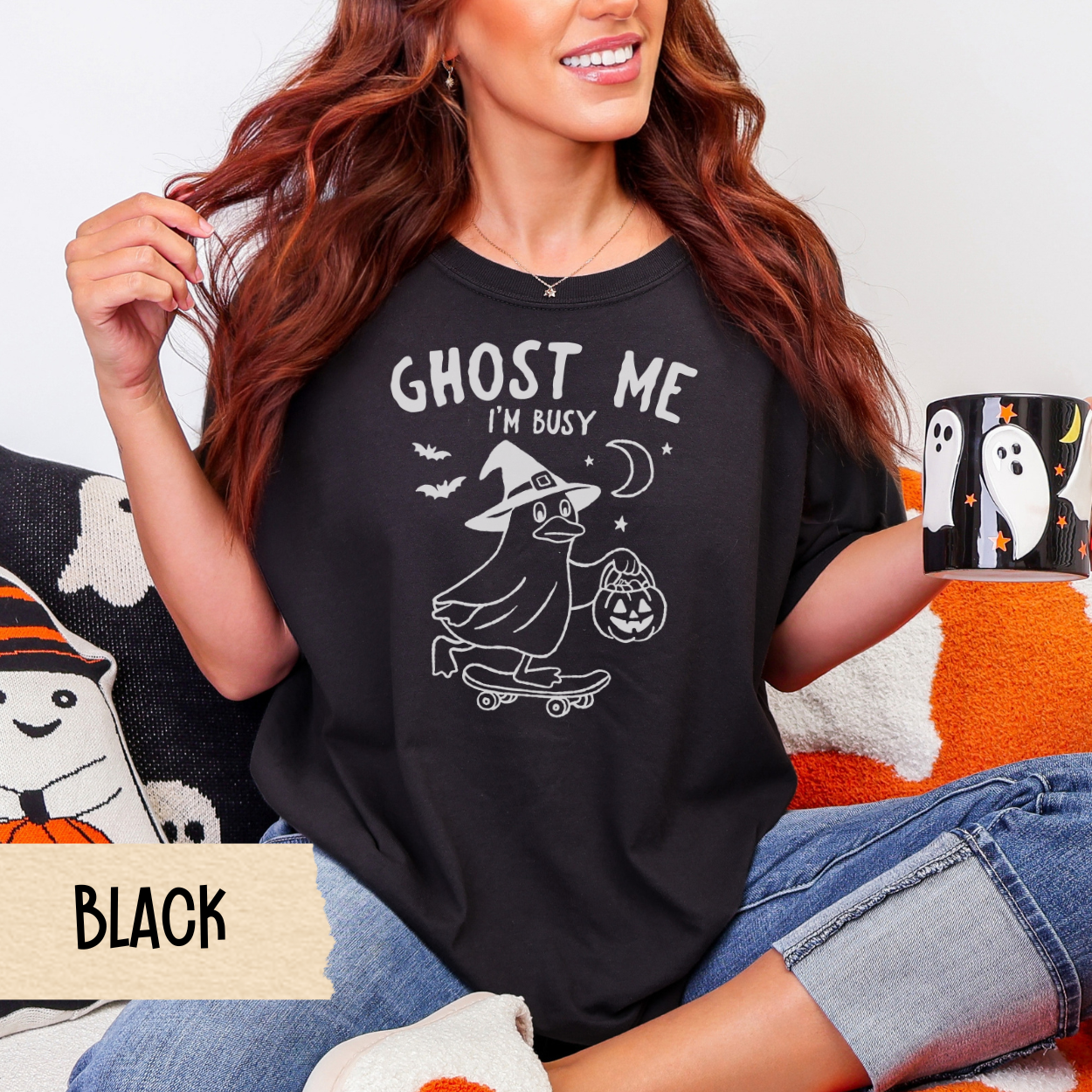 Funny Halloween Shirt, Ghost Me I'm Busy, Funny Duck Witch Skateboard Tee, Comfort Colors 1717, Cute Spooky Fall Graphic Shirt