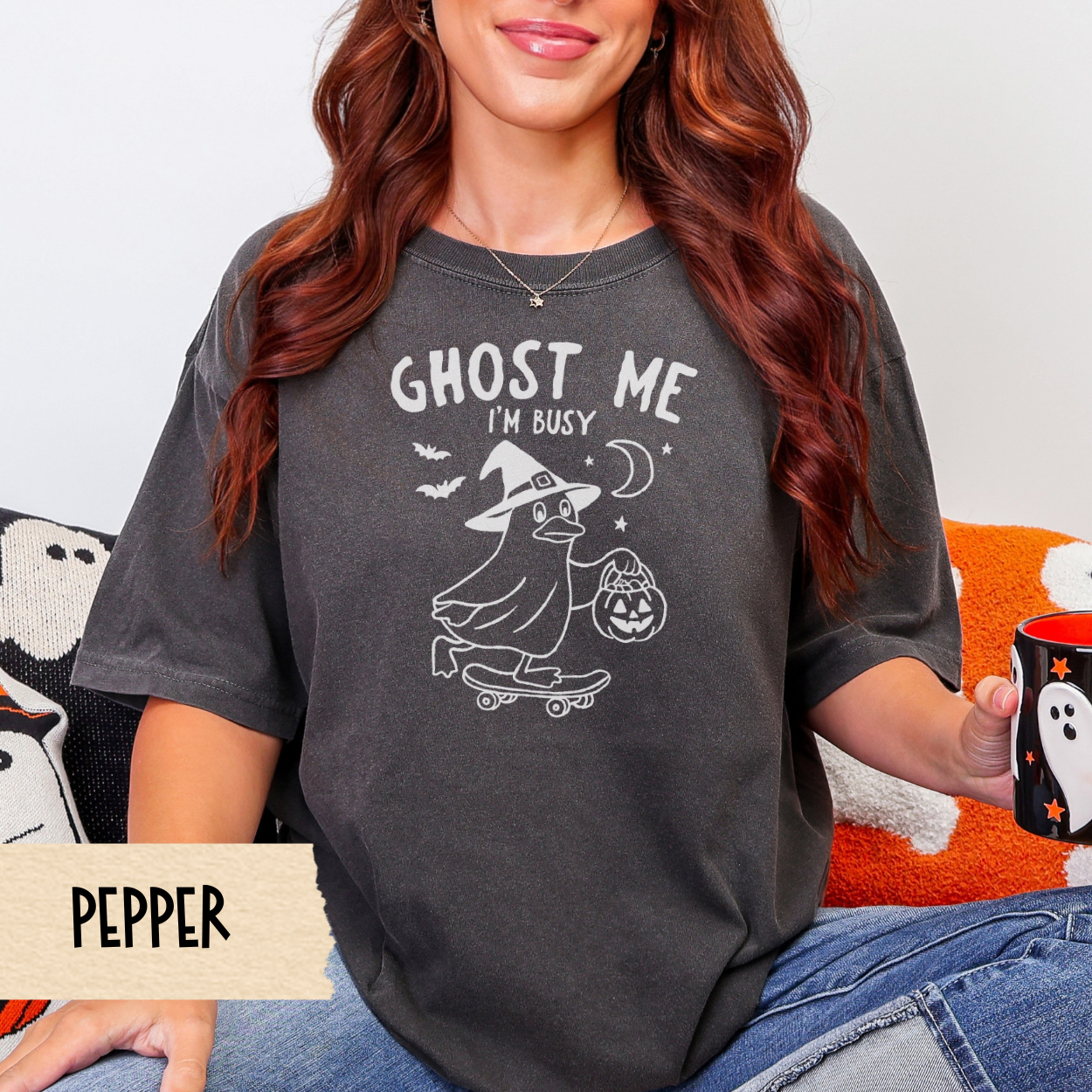 Funny Halloween Shirt, Ghost Me I'm Busy, Funny Duck Witch Skateboard Tee, Comfort Colors 1717, Cute Spooky Fall Graphic Shirt