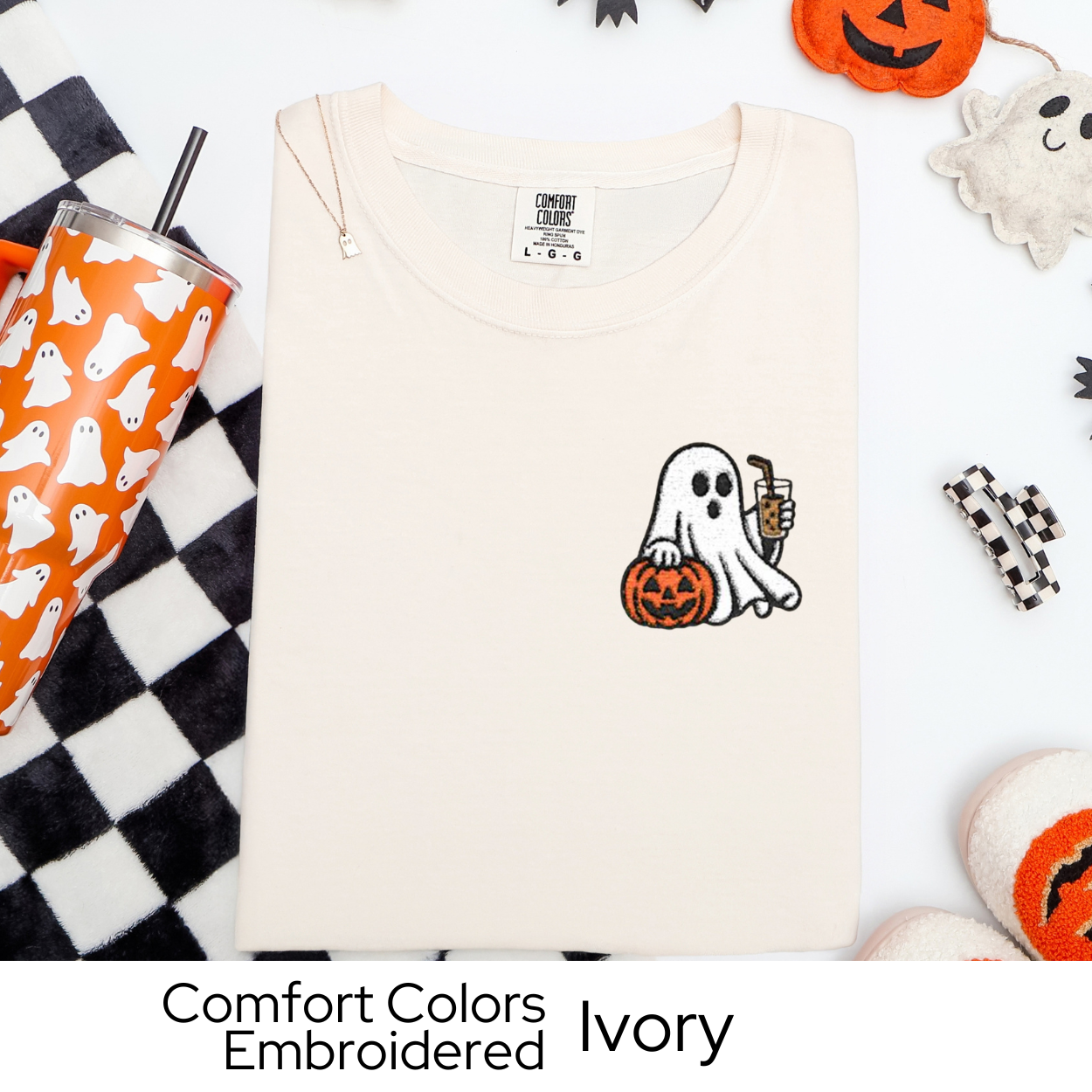 Embroidered Halloween Shirt, Ghost Coffee Tee, Coffee T-Shirt, Halloween Gift for Her, Comfort Colors Tee, Spooky Season Embroidery