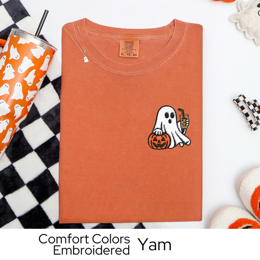 Embroidered Halloween Shirt, Ghost Coffee Tee, Coffee T-Shirt, Halloween Gift for Her, Comfort Colors Tee, Spooky Season Embroidery