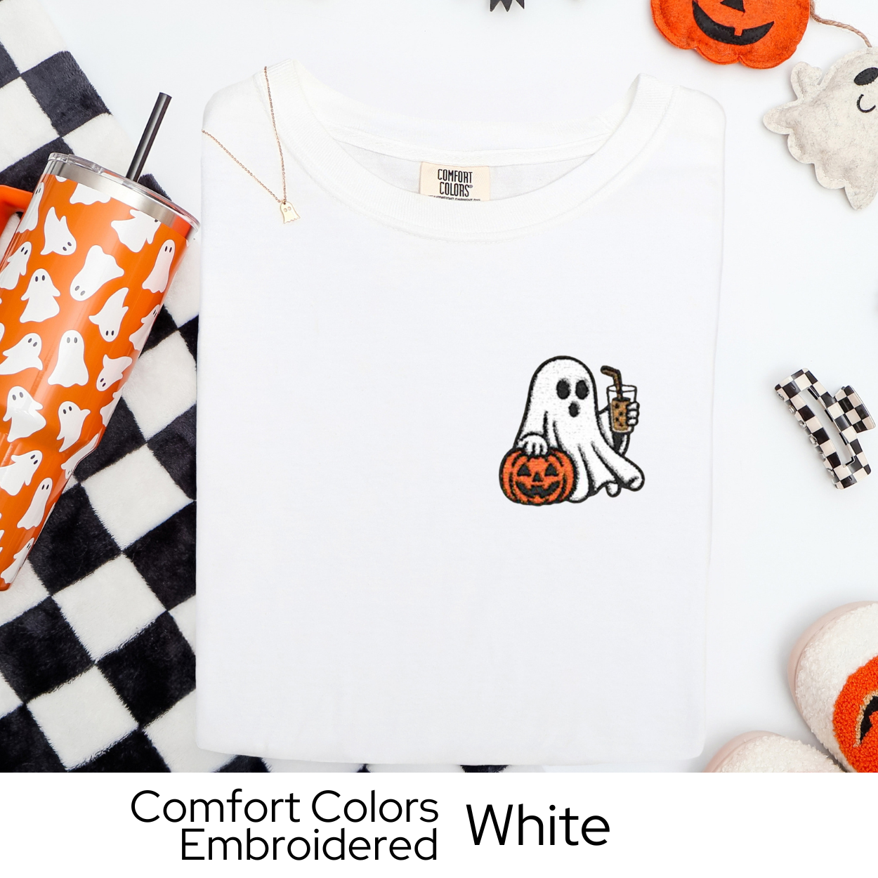 Embroidered Halloween Shirt, Ghost Coffee Tee, Coffee T-Shirt, Halloween Gift for Her, Comfort Colors Tee, Spooky Season Embroidery