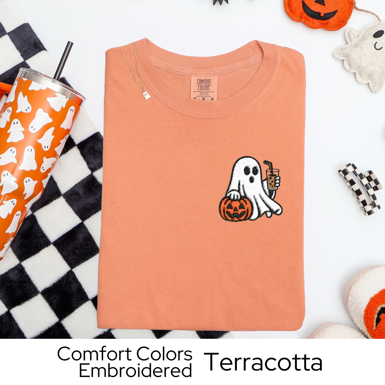 Embroidered Halloween Shirt, Ghost Coffee Tee, Coffee T-Shirt, Halloween Gift for Her, Comfort Colors Tee, Spooky Season Embroidery