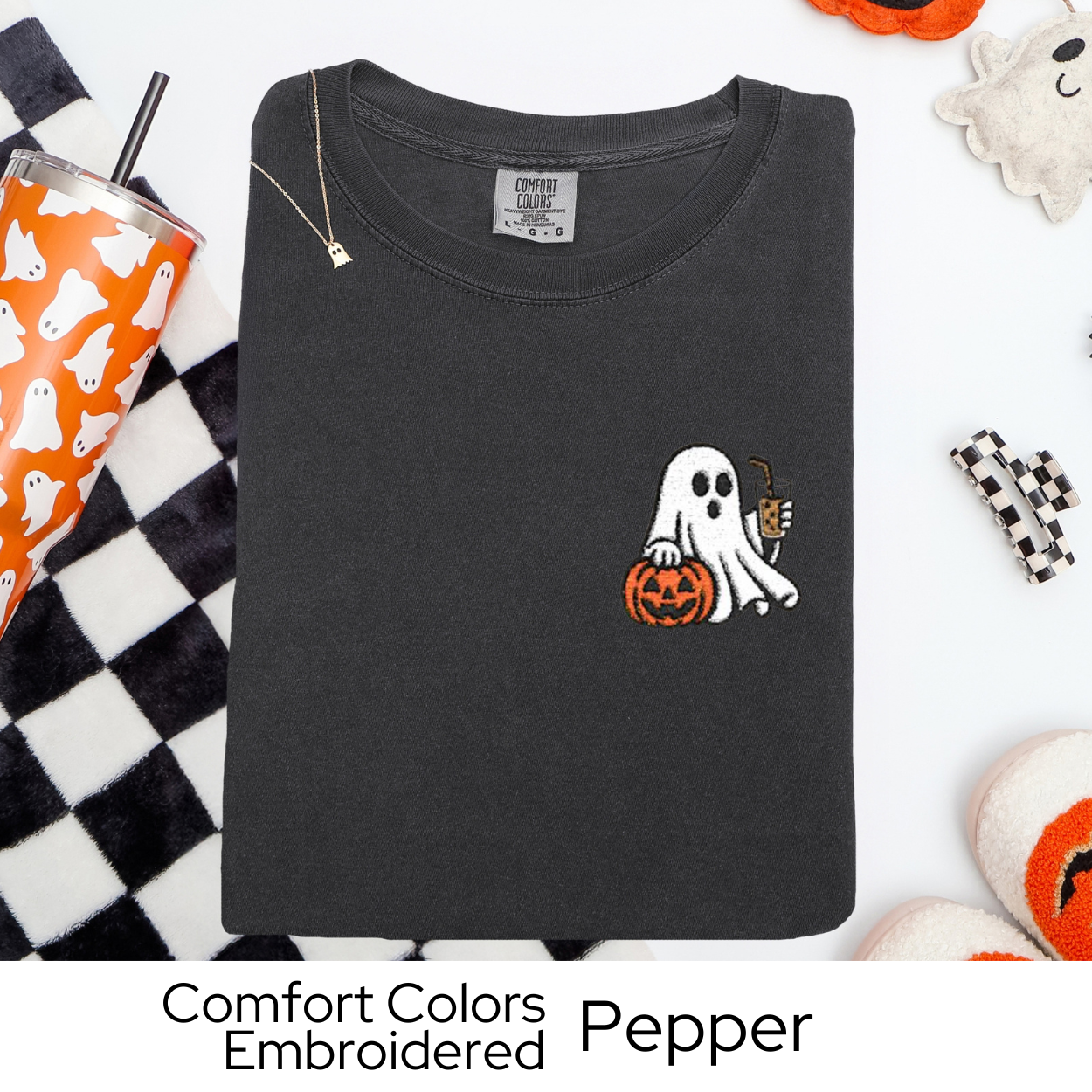 Embroidered Halloween Shirt, Ghost Coffee Tee, Coffee T-Shirt, Halloween Gift for Her, Comfort Colors Tee, Spooky Season Embroidery