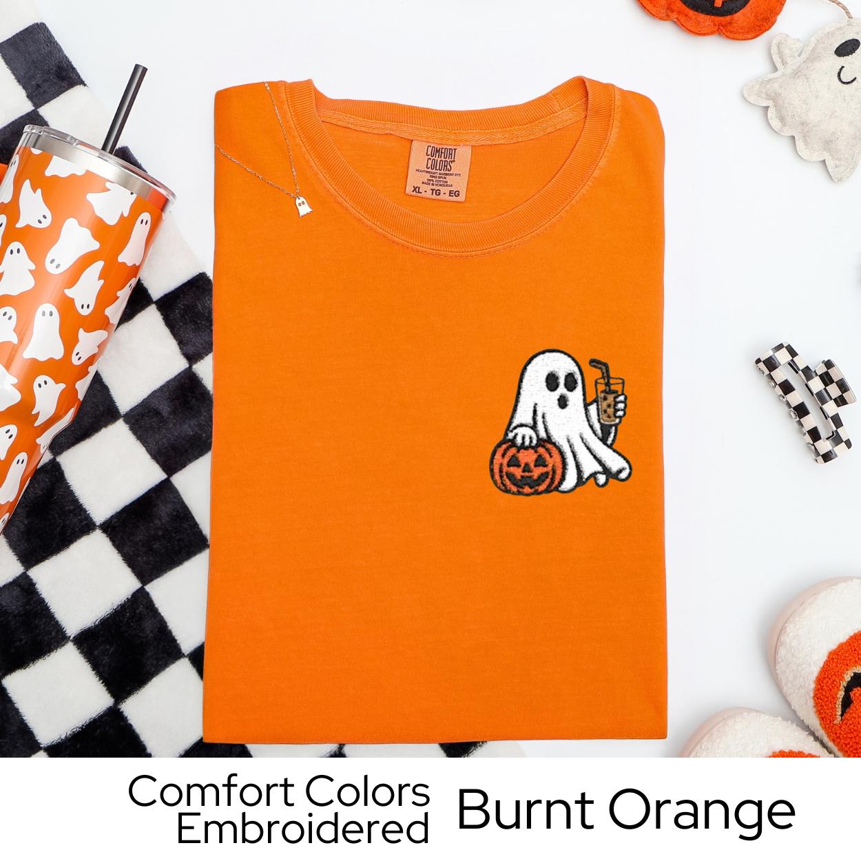 Embroidered Halloween Shirt, Ghost Coffee Tee, Coffee T-Shirt, Halloween Gift for Her, Comfort Colors Tee, Spooky Season Embroidery