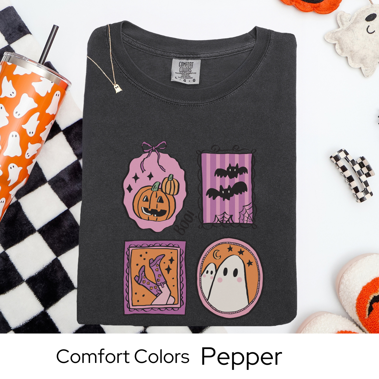 Pastel Halloween T Shirt, Cute Ghost Shirt Comfort Colors, Retro Bat Pumpkin Tee, Fall Graphic Tee for Women, Spooky Season Shirt