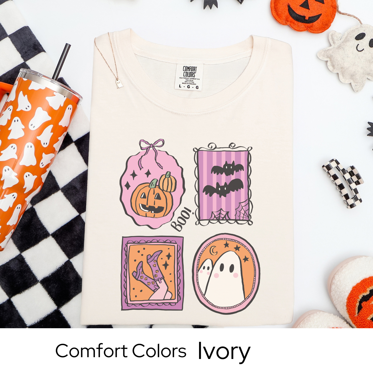 Pastel Halloween T Shirt, Cute Ghost Shirt Comfort Colors, Retro Bat Pumpkin Tee, Fall Graphic Tee for Women, Spooky Season Shirt