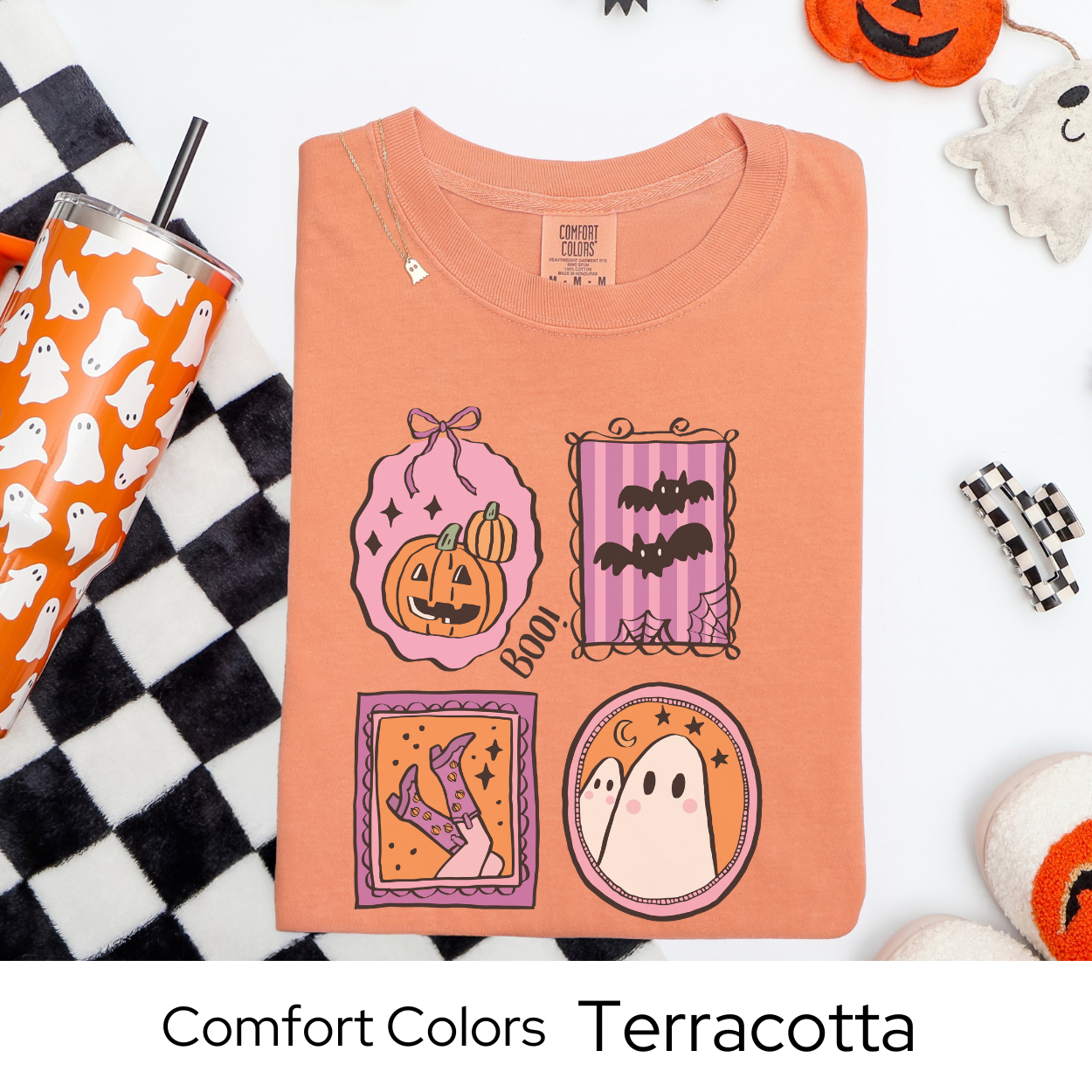 Pastel Halloween T Shirt, Cute Ghost Shirt Comfort Colors, Retro Bat Pumpkin Tee, Fall Graphic Tee for Women, Spooky Season Shirt