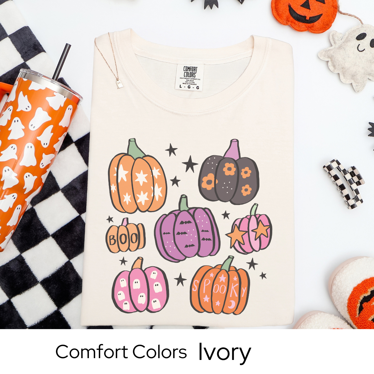 Pastel Pumpkin Shirt, Spooky Fall Graphic Tee Comfort Colors, Cute Halloween Aesthetic T Shirt, BOO and Spooky Pumpkins October Tee