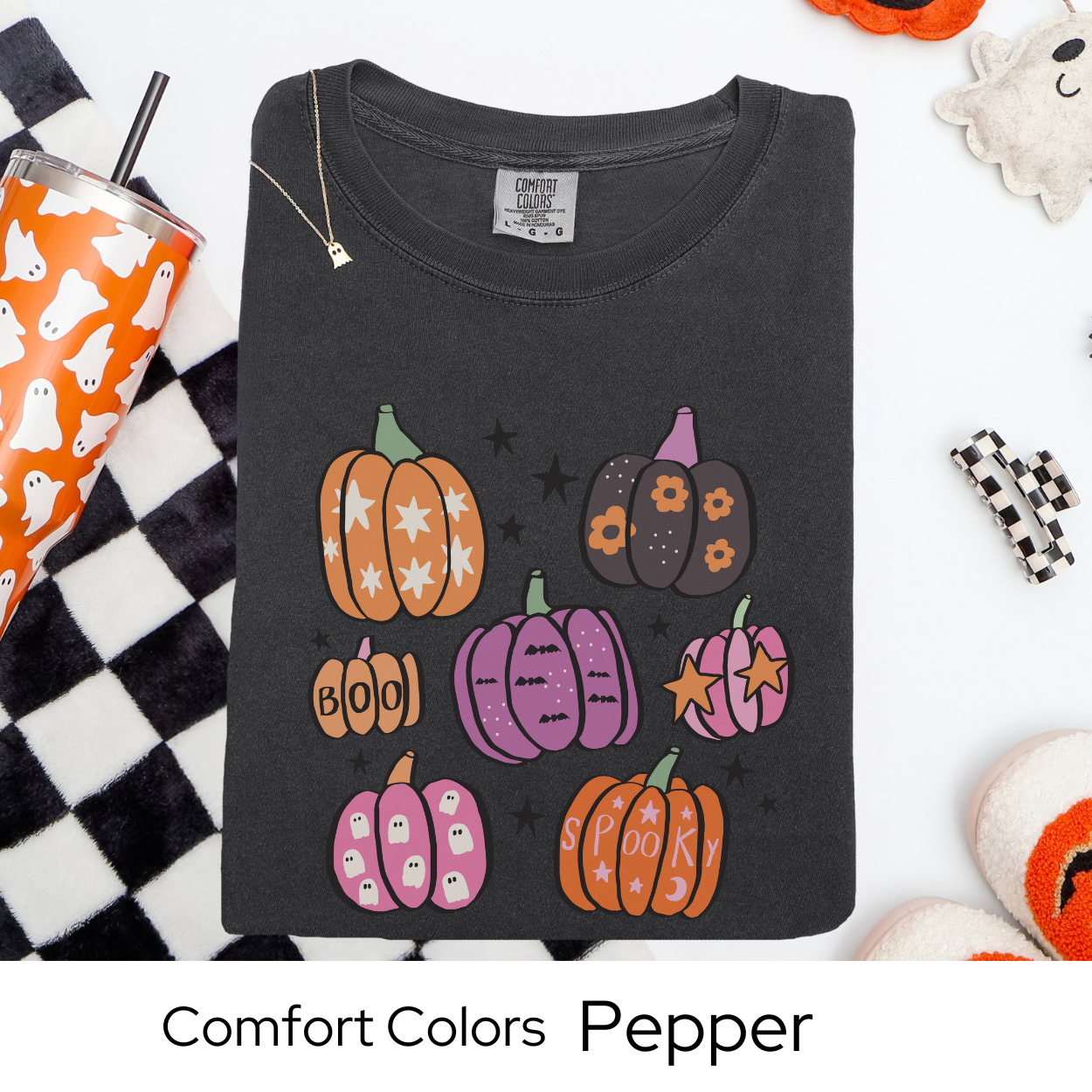 Pastel Pumpkin Shirt, Spooky Fall Graphic Tee Comfort Colors, Cute Halloween Aesthetic T Shirt, BOO and Spooky Pumpkins October Tee