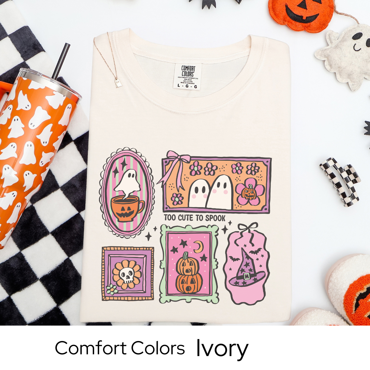 Too Cute to Spook Shirt, Pastel Ghost Comfort Colors Tee, Cute Halloween Graphic T Shirt, Kawaii Fall Shirt for Women, Pumpkin Coffee Tee