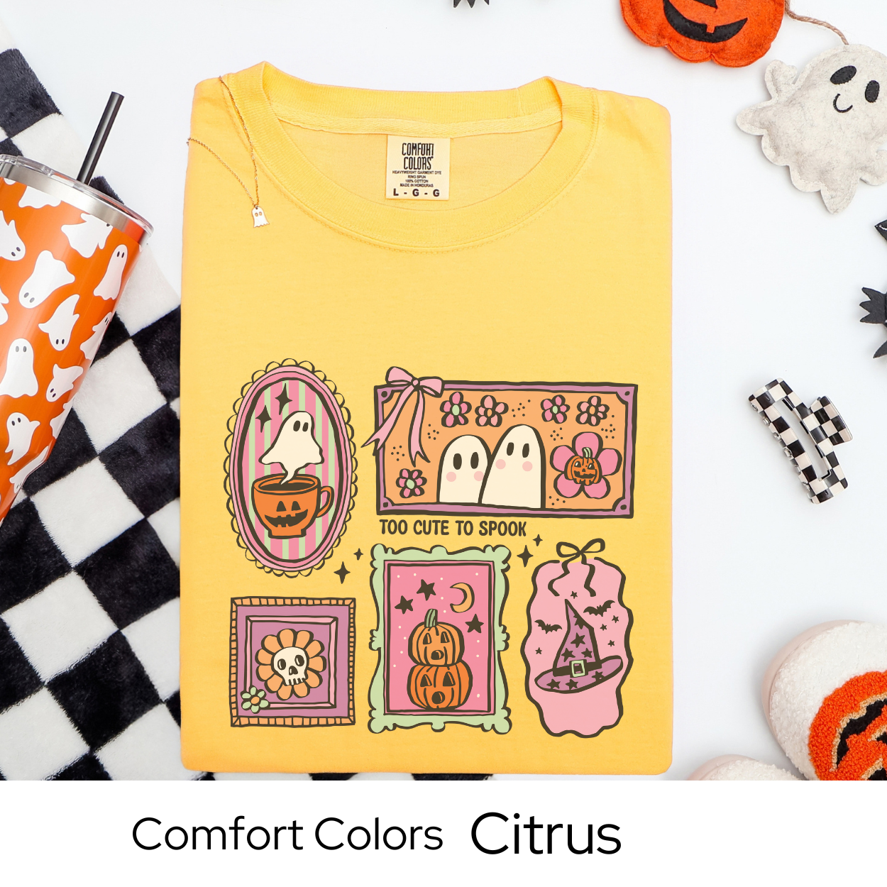 Too Cute to Spook Shirt, Pastel Ghost Comfort Colors Tee, Cute Halloween Graphic T Shirt, Kawaii Fall Shirt for Women, Pumpkin Coffee Tee