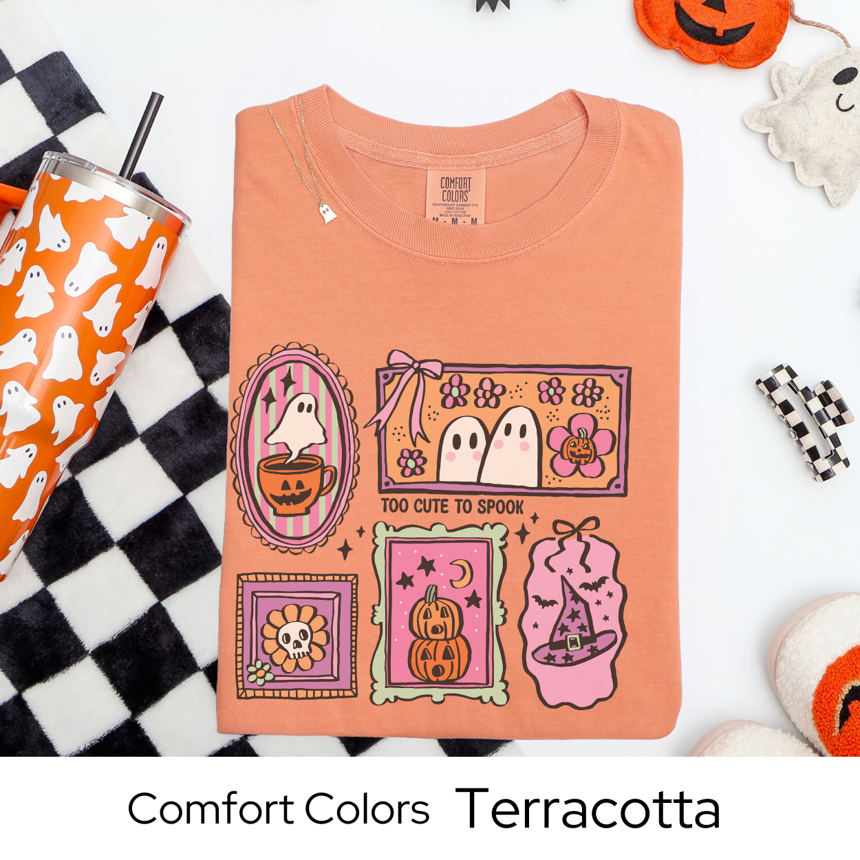 Too Cute to Spook Shirt, Pastel Ghost Comfort Colors Tee, Cute Halloween Graphic T Shirt, Kawaii Fall Shirt for Women, Pumpkin Coffee Tee