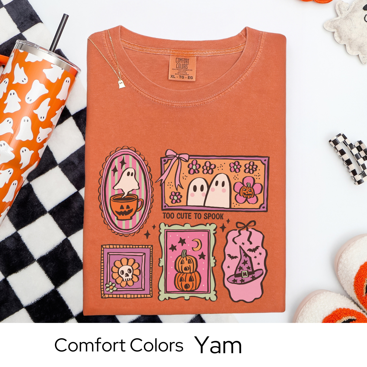 Too Cute to Spook Shirt, Pastel Ghost Comfort Colors Tee, Cute Halloween Graphic T Shirt, Kawaii Fall Shirt for Women, Pumpkin Coffee Tee