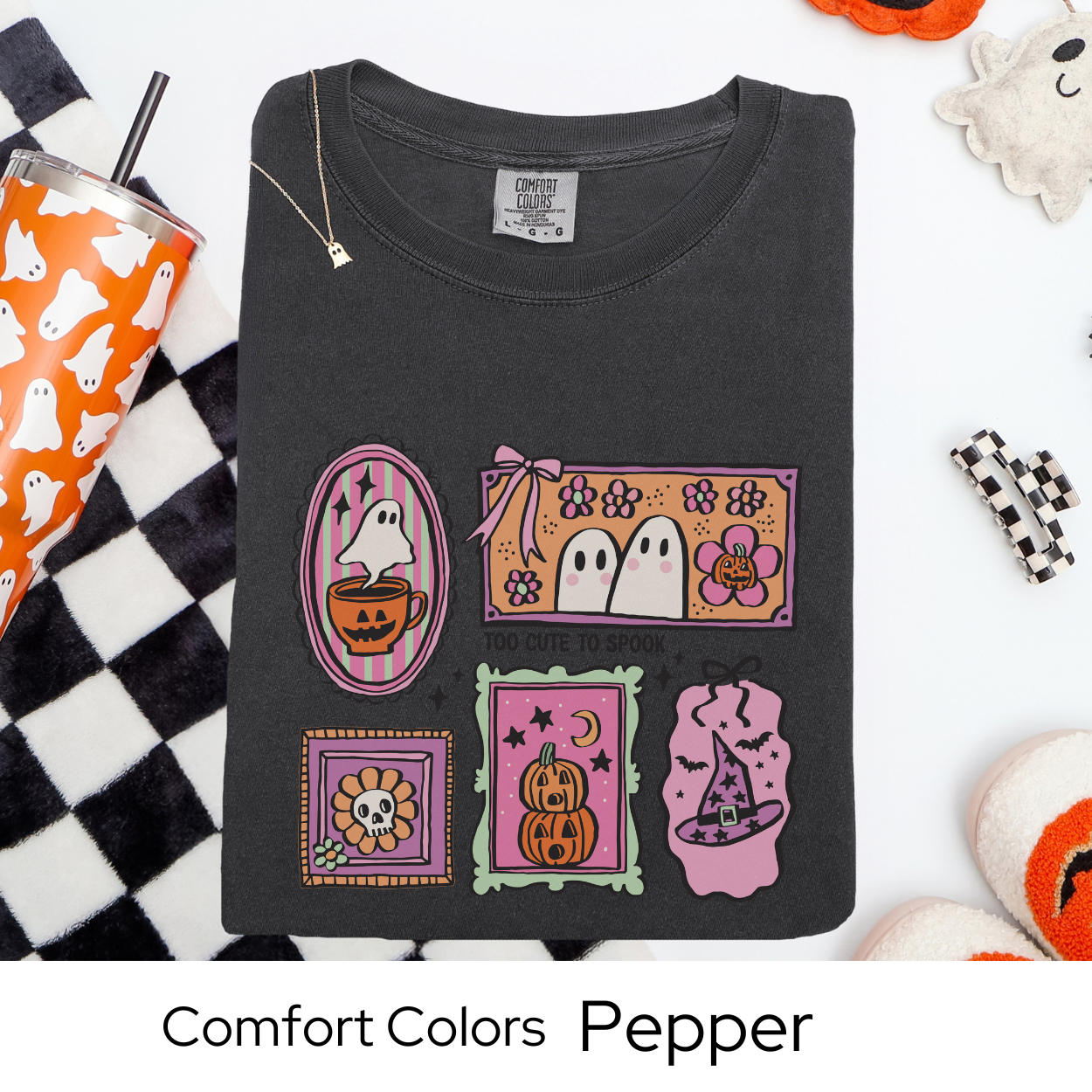 Too Cute to Spook Shirt, Pastel Ghost Comfort Colors Tee, Cute Halloween Graphic T Shirt, Kawaii Fall Shirt for Women, Pumpkin Coffee Tee