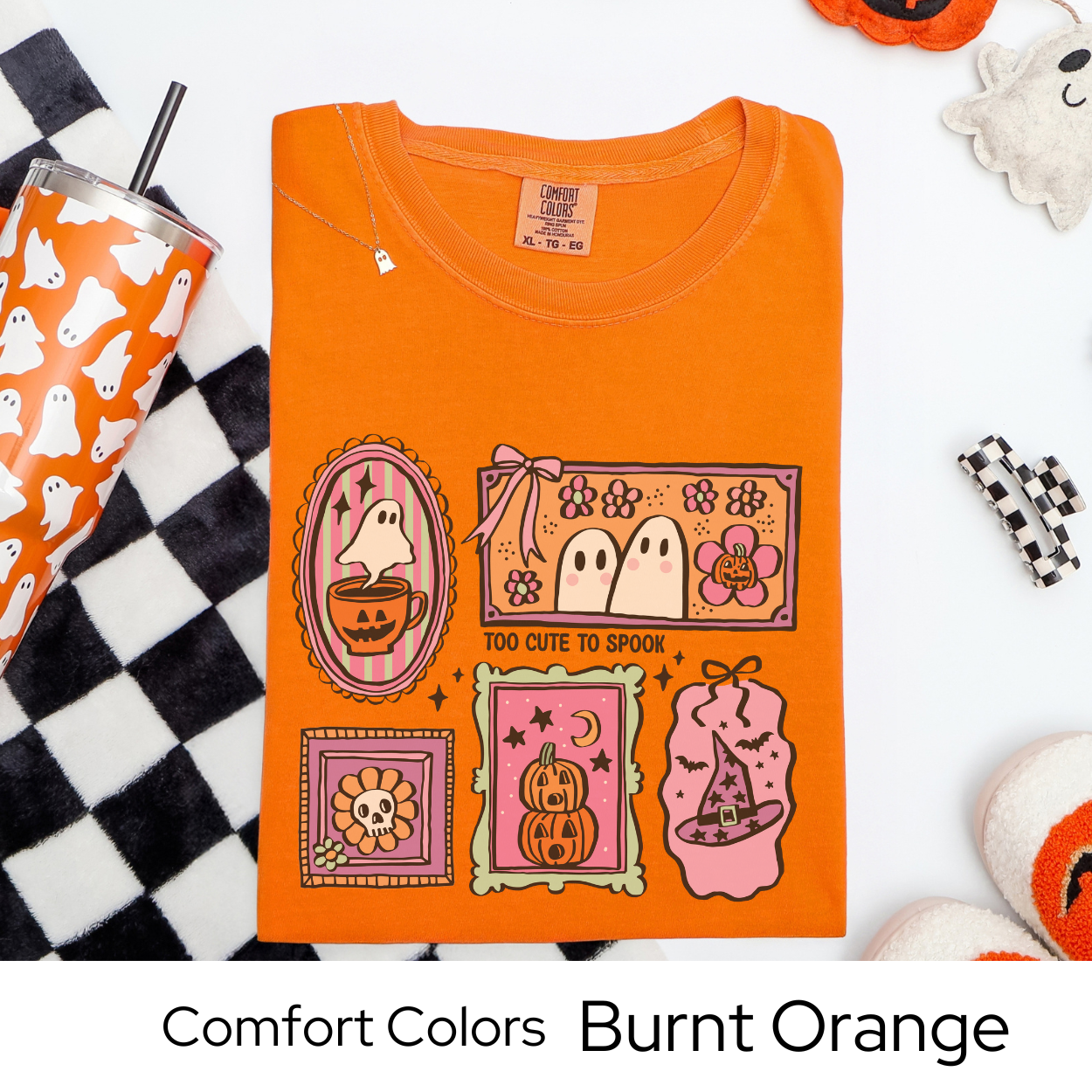 Too Cute to Spook Shirt, Pastel Ghost Comfort Colors Tee, Cute Halloween Graphic T Shirt, Kawaii Fall Shirt for Women, Pumpkin Coffee Tee