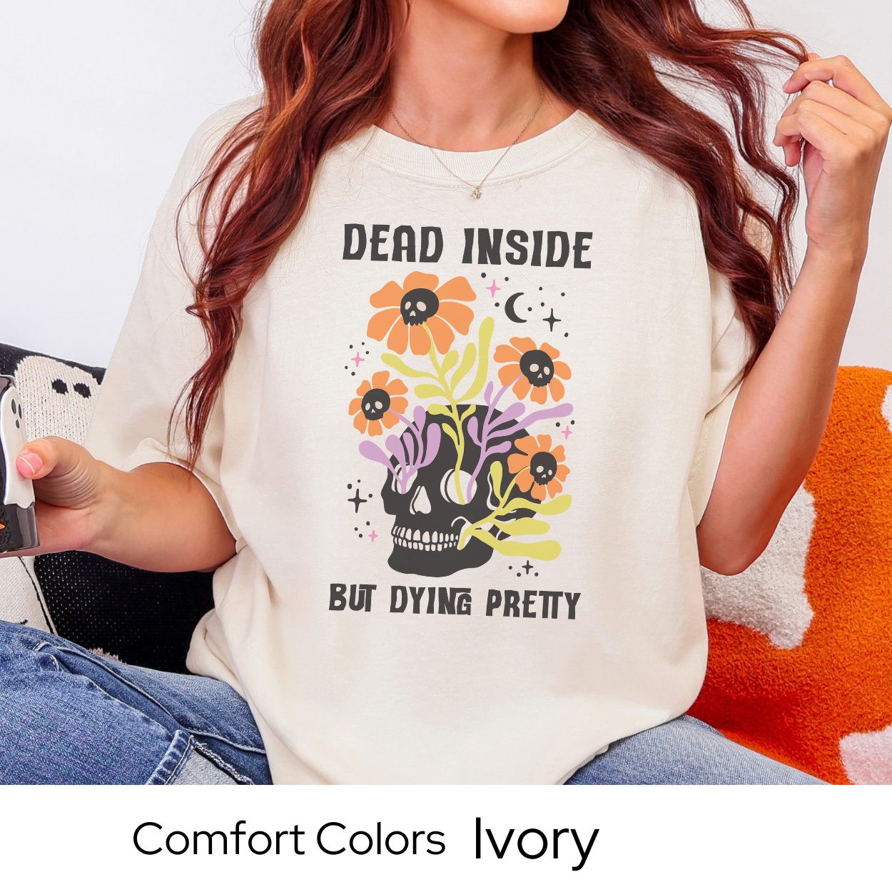 Dead Inside But Dying Pretty, Floral Skull Shirt, Halloween Graphic Tee, Comfort Colors Fall Shirt, Funny Goth Shirt, Spooky Season Tee