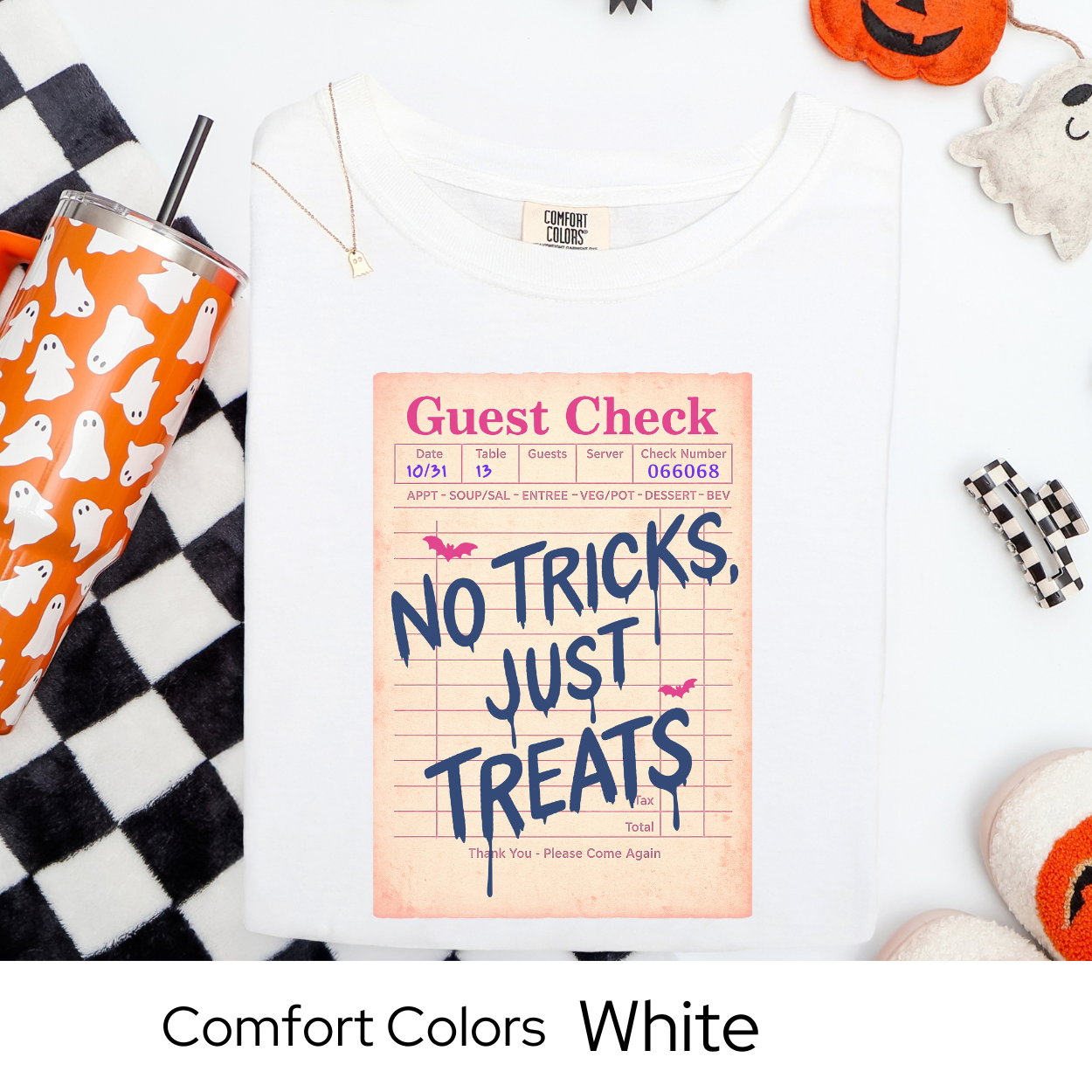 No Tricks Just Treats Shirt, Halloween Guest Check Comfort Colors Tee, Cute Trick or Treat T-Shirt, Retro Fall Graphic Tee