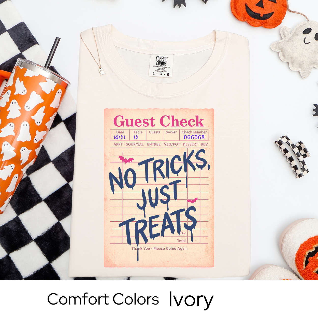 No Tricks Just Treats Shirt, Halloween Guest Check Comfort Colors Tee, Cute Trick or Treat T-Shirt, Retro Fall Graphic Tee