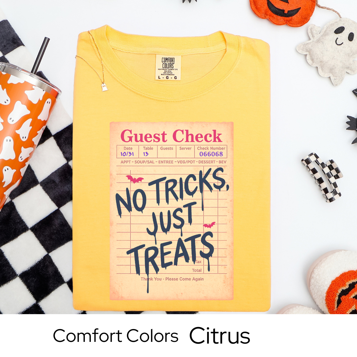 No Tricks Just Treats Shirt, Halloween Guest Check Comfort Colors Tee, Cute Trick or Treat T-Shirt, Retro Fall Graphic Tee
