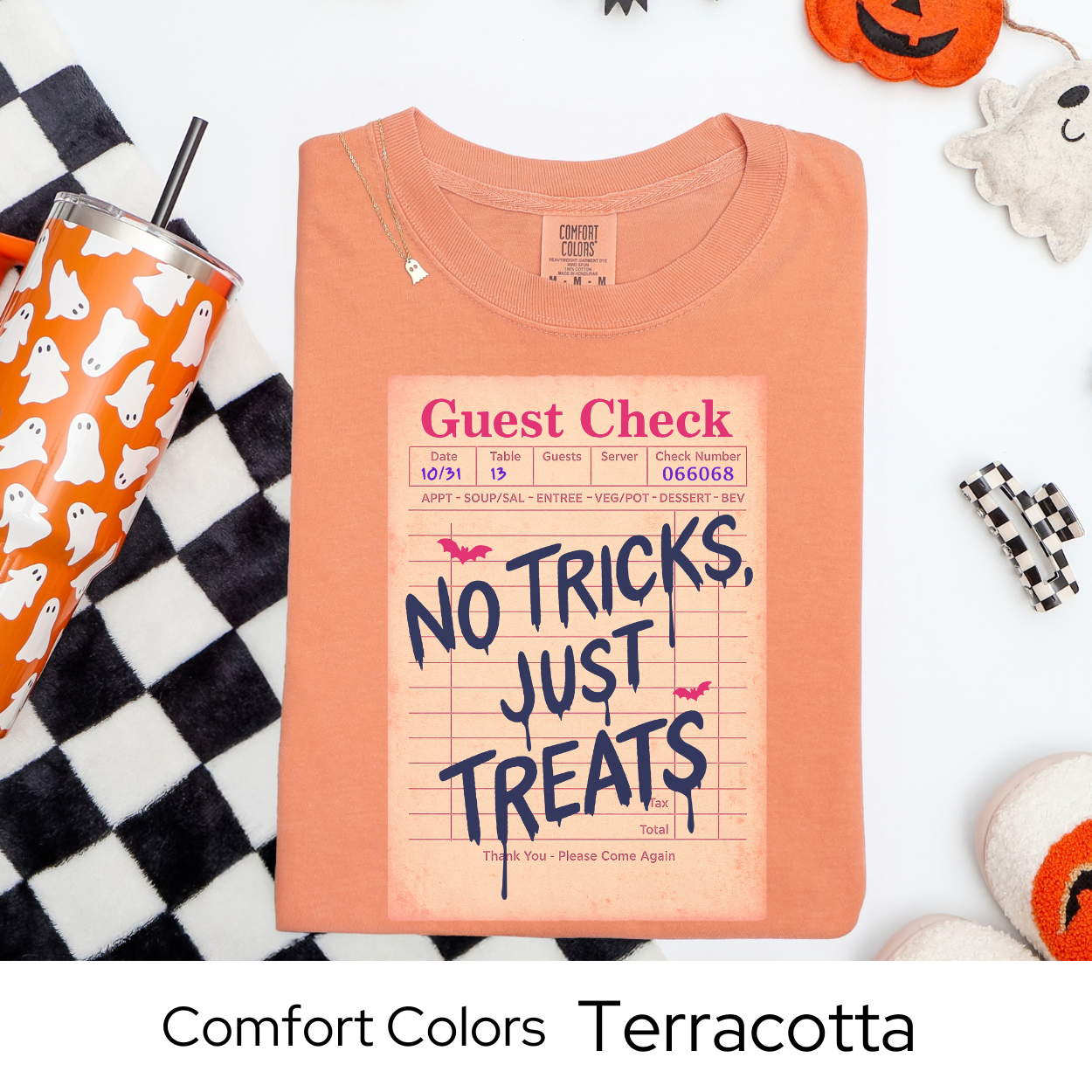 No Tricks Just Treats Shirt, Halloween Guest Check Comfort Colors Tee, Cute Trick or Treat T-Shirt, Retro Fall Graphic Tee