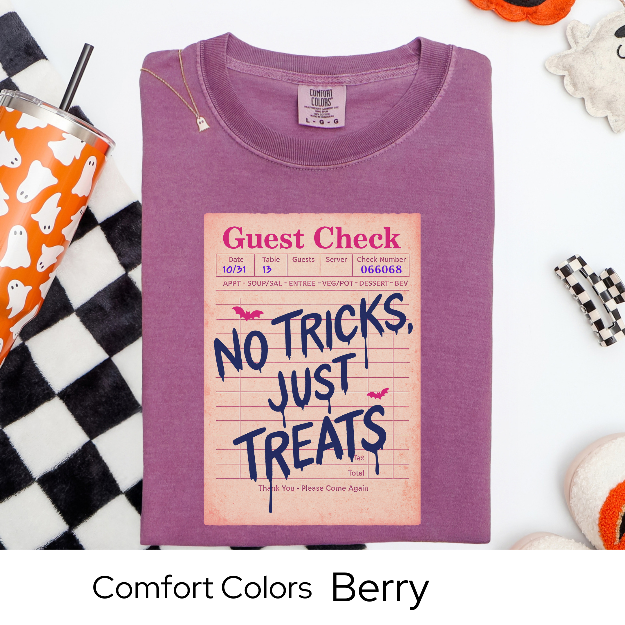 No Tricks Just Treats Shirt, Halloween Guest Check Comfort Colors Tee, Cute Trick or Treat T-Shirt, Retro Fall Graphic Tee