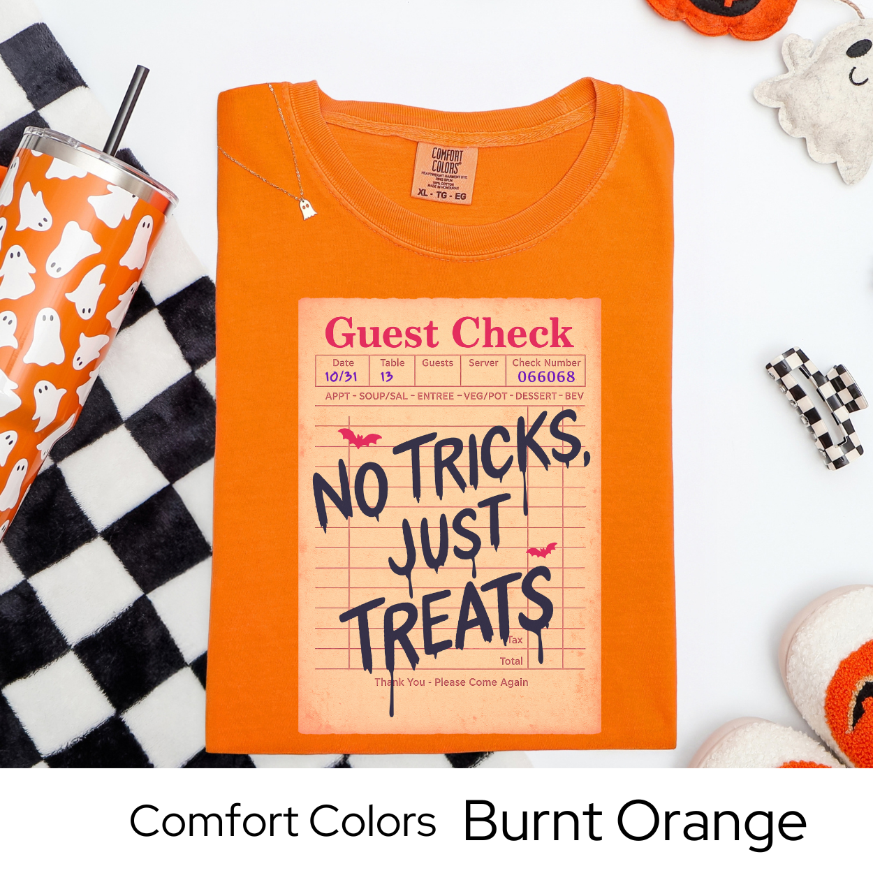 No Tricks Just Treats Shirt, Halloween Guest Check Comfort Colors Tee, Cute Trick or Treat T-Shirt, Retro Fall Graphic Tee