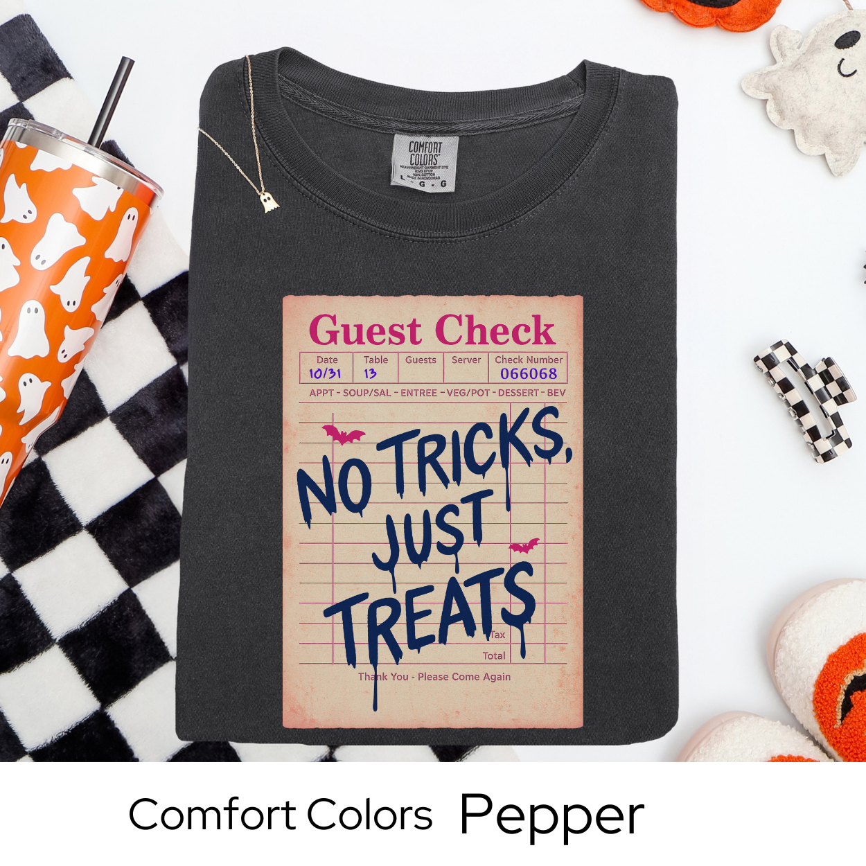 No Tricks Just Treats Shirt, Halloween Guest Check Comfort Colors Tee, Cute Trick or Treat T-Shirt, Retro Fall Graphic Tee