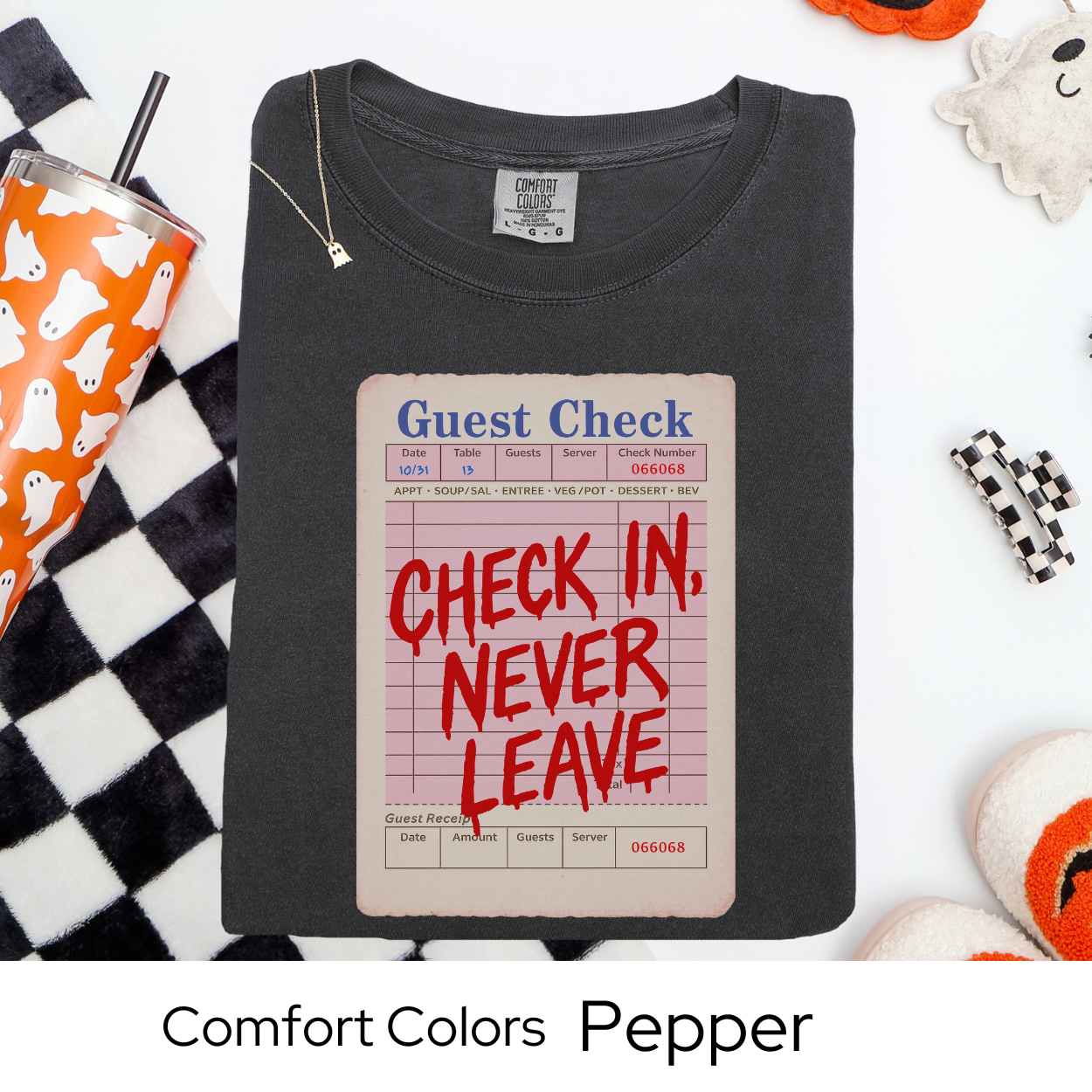 Check In Never Leave Shirt, Guest Check Halloween Comfort Colors Tee, Haunted Hotel Horror Shirt, Spooky Retro Halloween Shirt