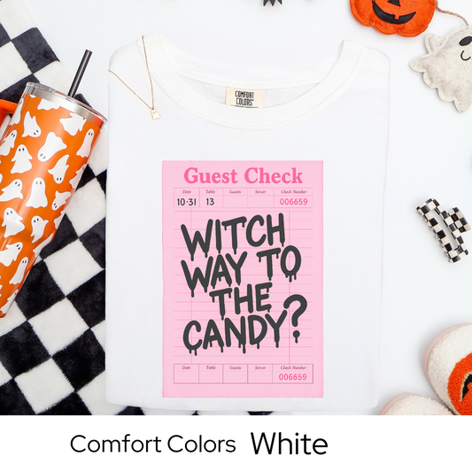 Witch Way to the Candy Shirt, Pink Guest Check Halloween Tee, Comfort Colors Witchy Pun Shirt, Cute Trick or Treat T-Shirt