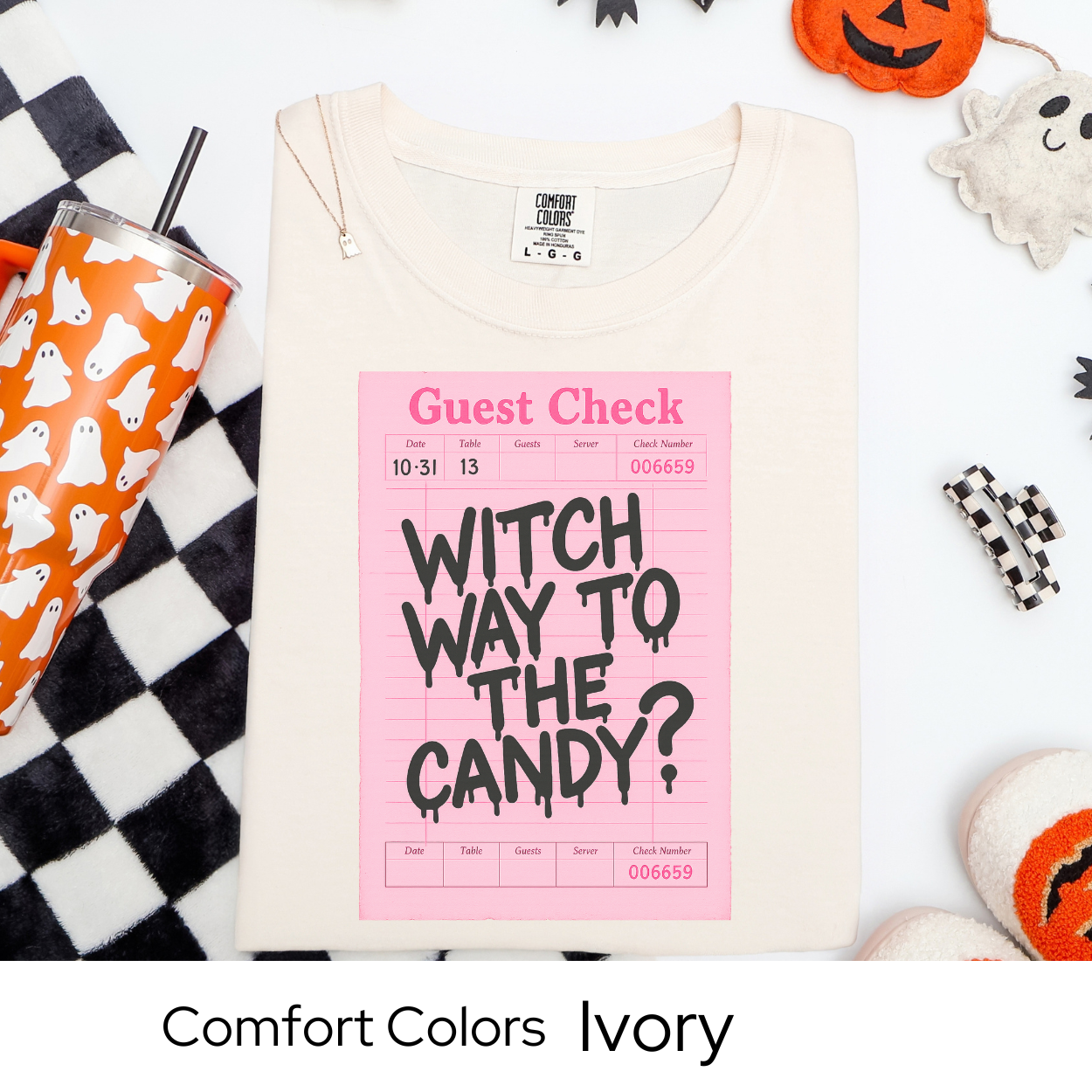 Witch Way to the Candy Shirt, Pink Guest Check Halloween Tee, Comfort Colors Witchy Pun Shirt, Cute Trick or Treat T-Shirt