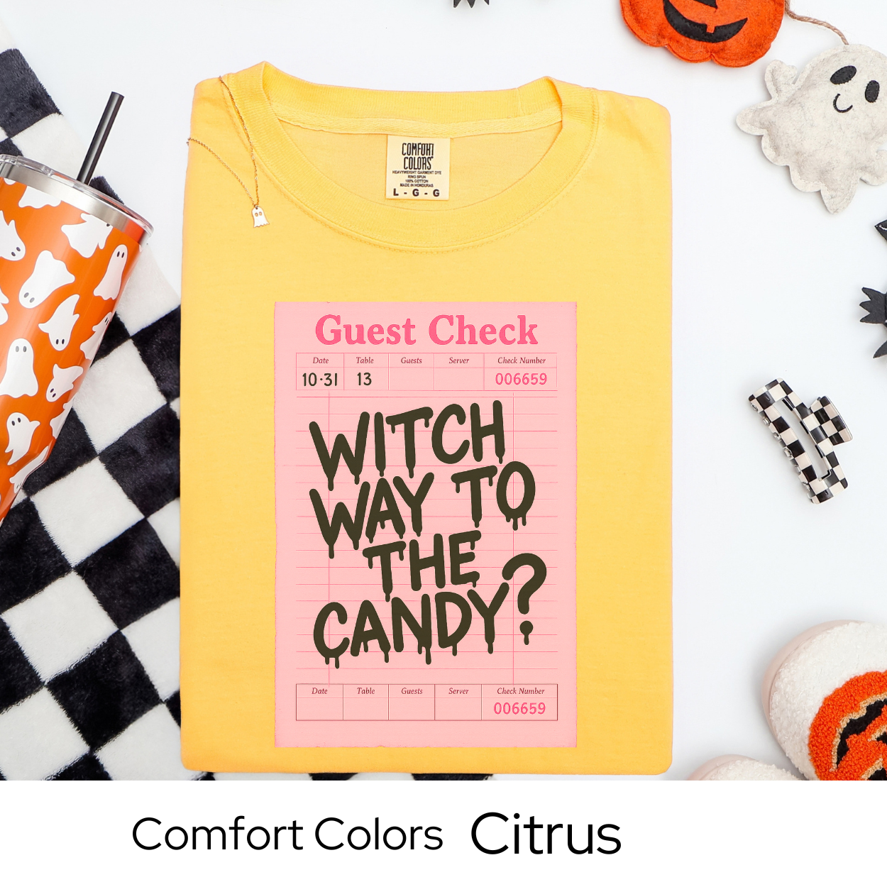 Witch Way to the Candy Shirt, Pink Guest Check Halloween Tee, Comfort Colors Witchy Pun Shirt, Cute Trick or Treat T-Shirt