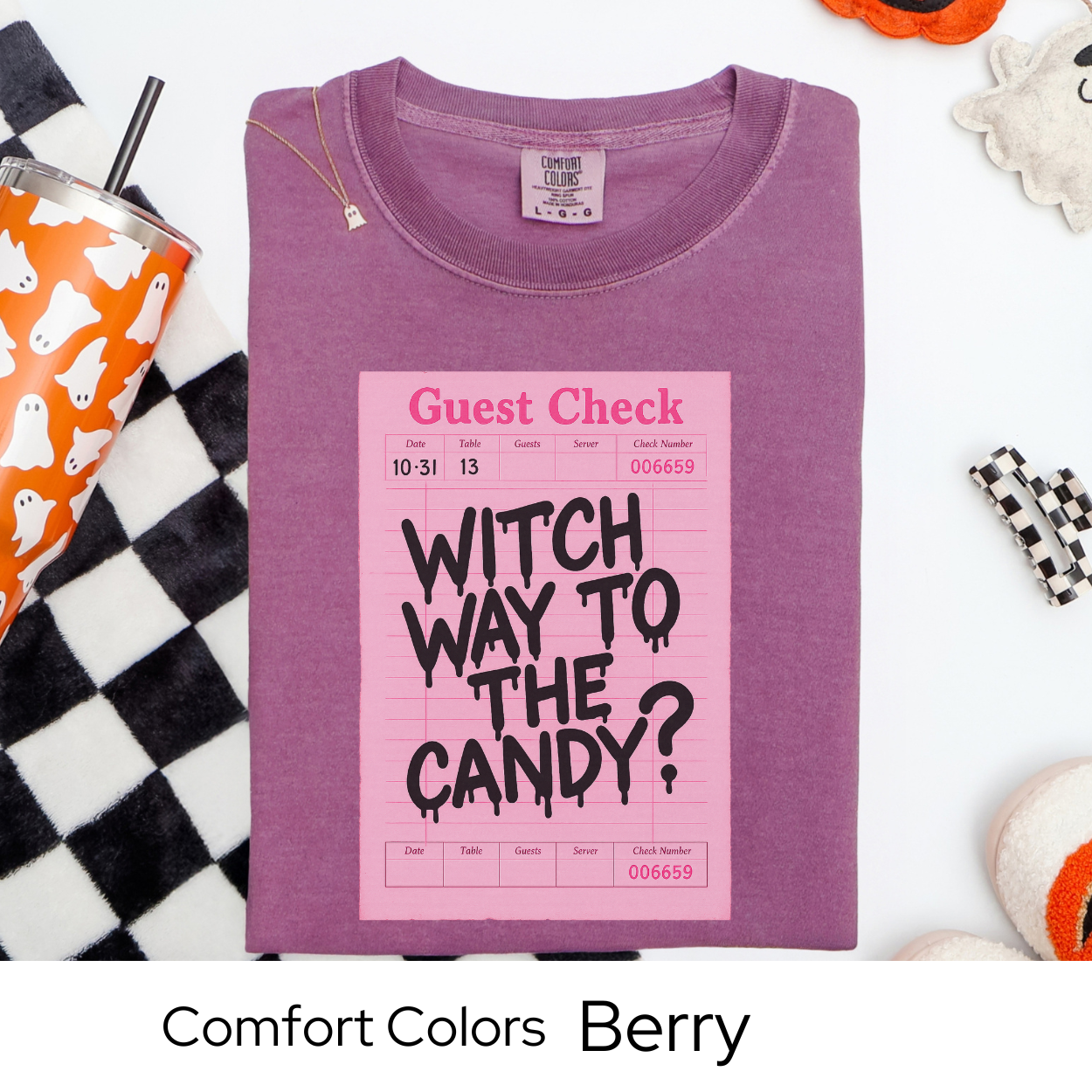 Witch Way to the Candy Shirt, Pink Guest Check Halloween Tee, Comfort Colors Witchy Pun Shirt, Cute Trick or Treat T-Shirt