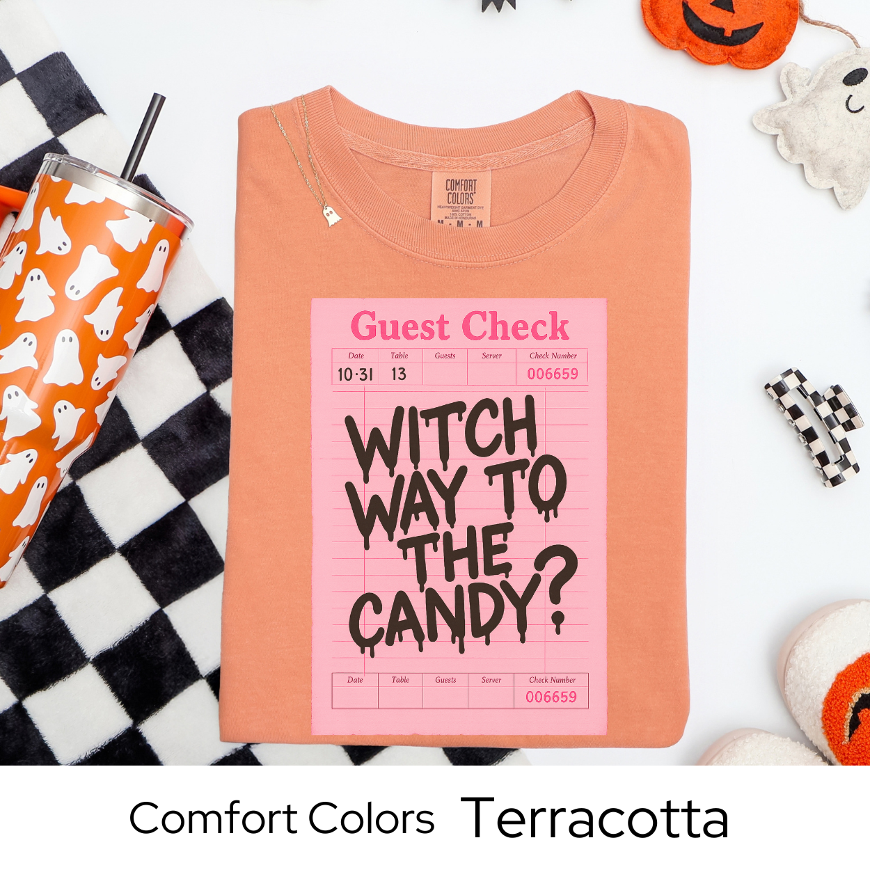 Witch Way to the Candy Shirt, Pink Guest Check Halloween Tee, Comfort Colors Witchy Pun Shirt, Cute Trick or Treat T-Shirt