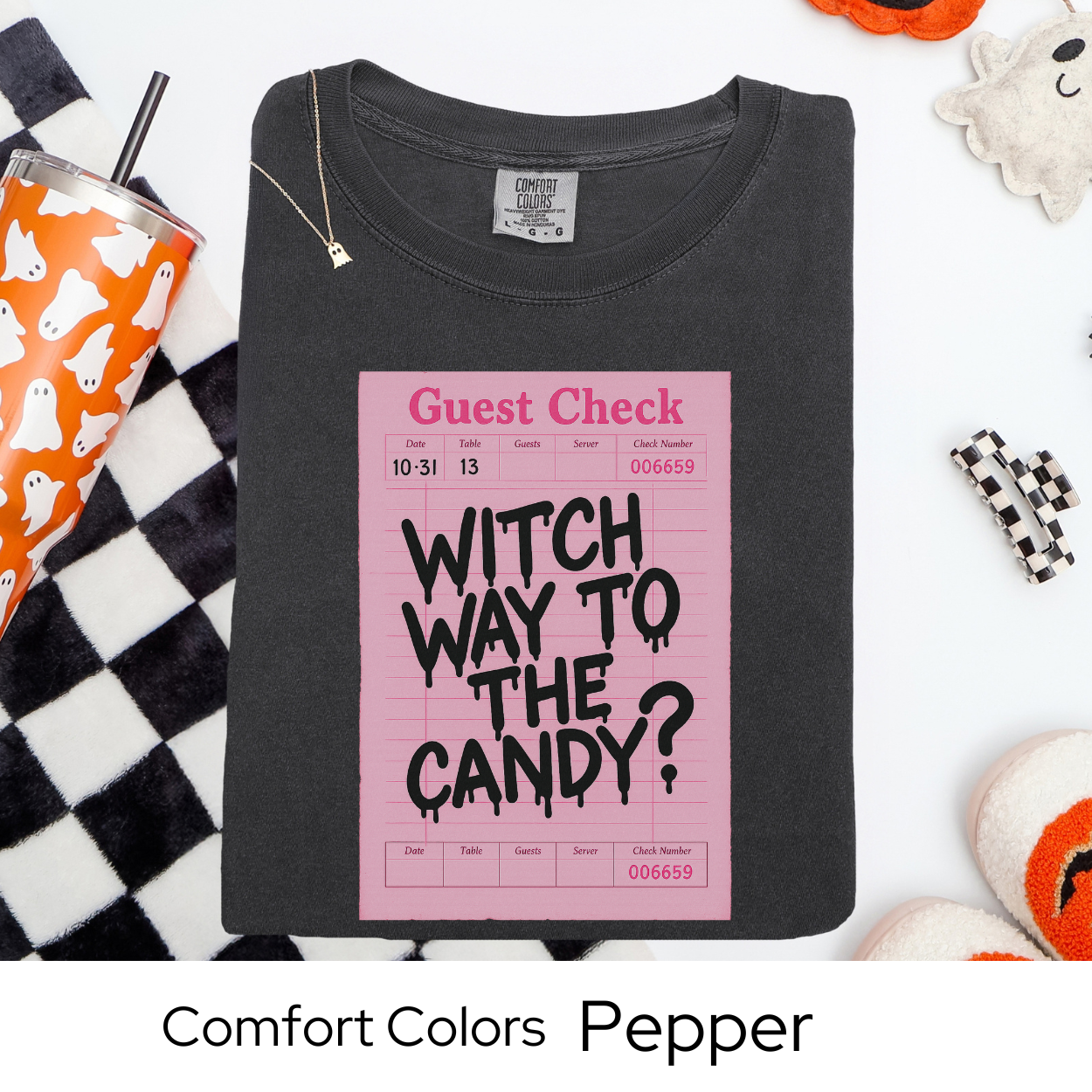 Witch Way to the Candy Shirt, Pink Guest Check Halloween Tee, Comfort Colors Witchy Pun Shirt, Cute Trick or Treat T-Shirt