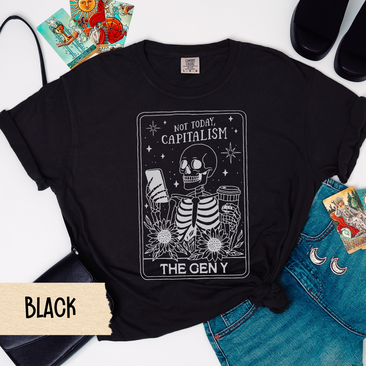 Not Today Capitalism Shirt, Gen Y Skeleton Tarot Tee, Funny Millennial Comfort Colors Shirt, Anti-Capitalist Coffee Graphic Tee