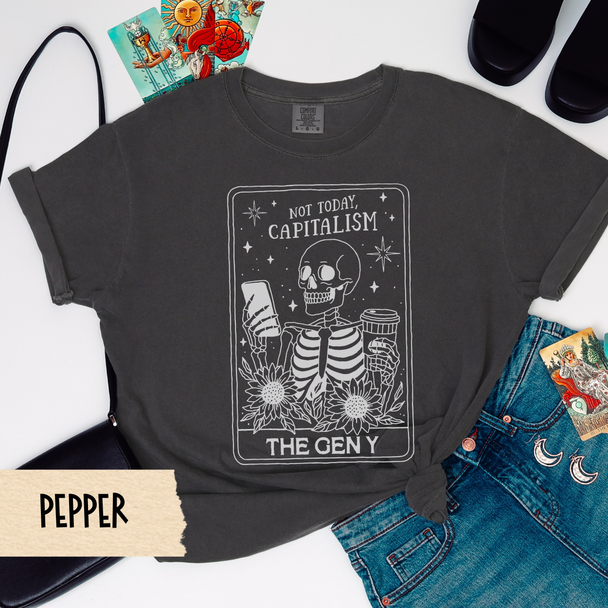 Not Today Capitalism Shirt, Gen Y Skeleton Tarot Tee, Funny Millennial Comfort Colors Shirt, Anti-Capitalist Coffee Graphic Tee