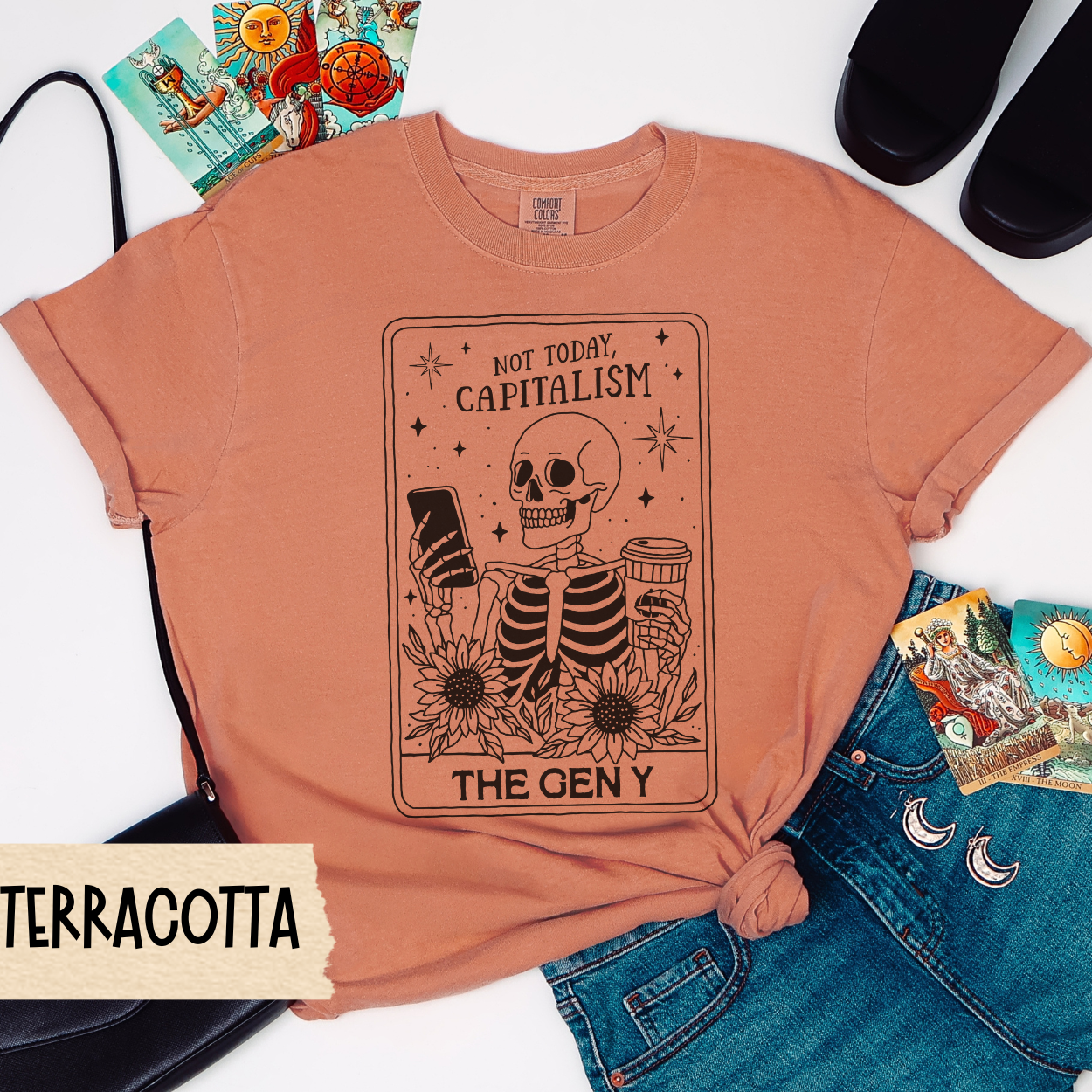 Not Today Capitalism Shirt, Gen Y Skeleton Tarot Tee, Funny Millennial Comfort Colors Shirt, Anti-Capitalist Coffee Graphic Tee