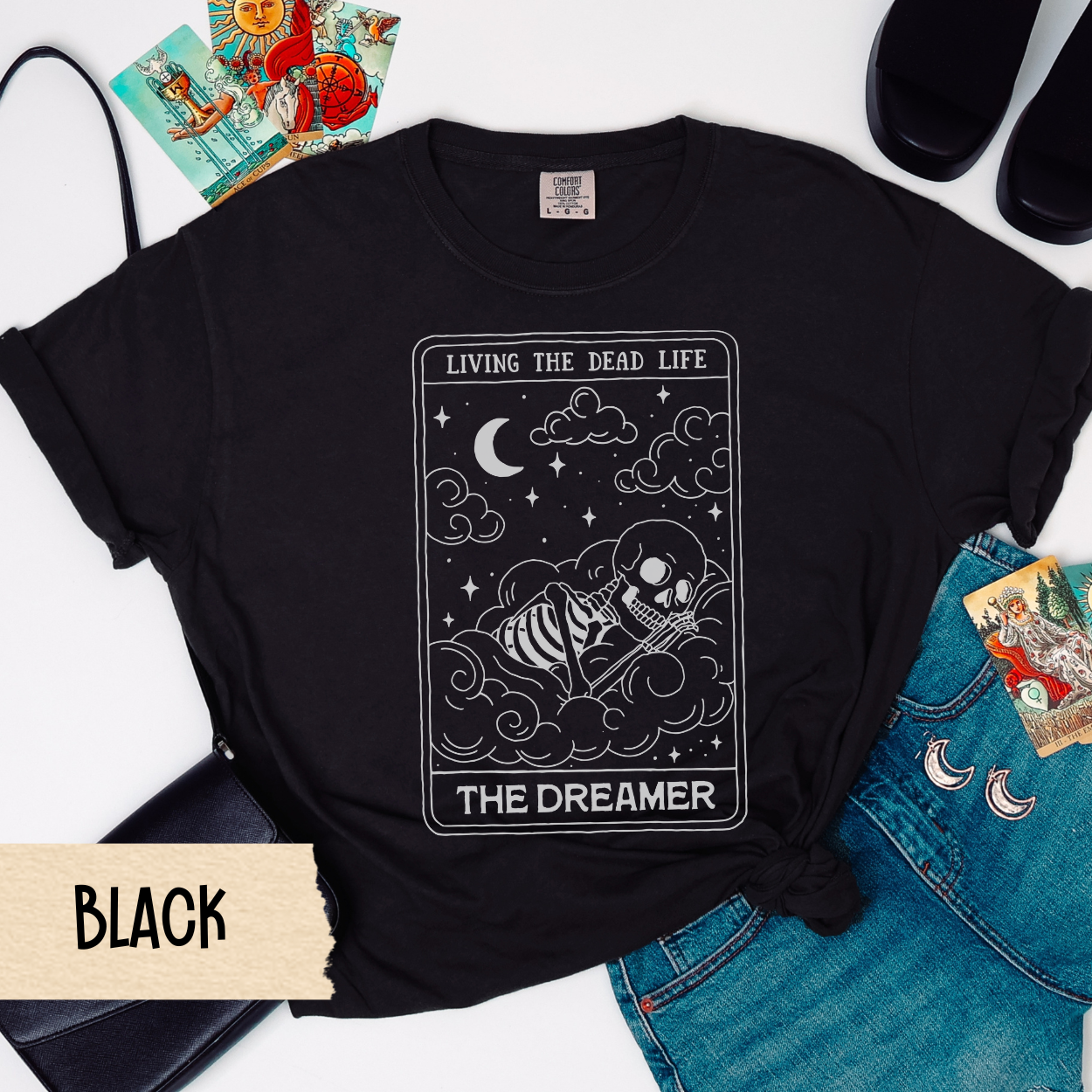 The Dreamer Tarot Shirt, Living the Dead Life Skeleton Tee, Comfort Colors Witchy Shirt, Gothic Sleepy Vibes Tee, Spooky Self Care Shirt